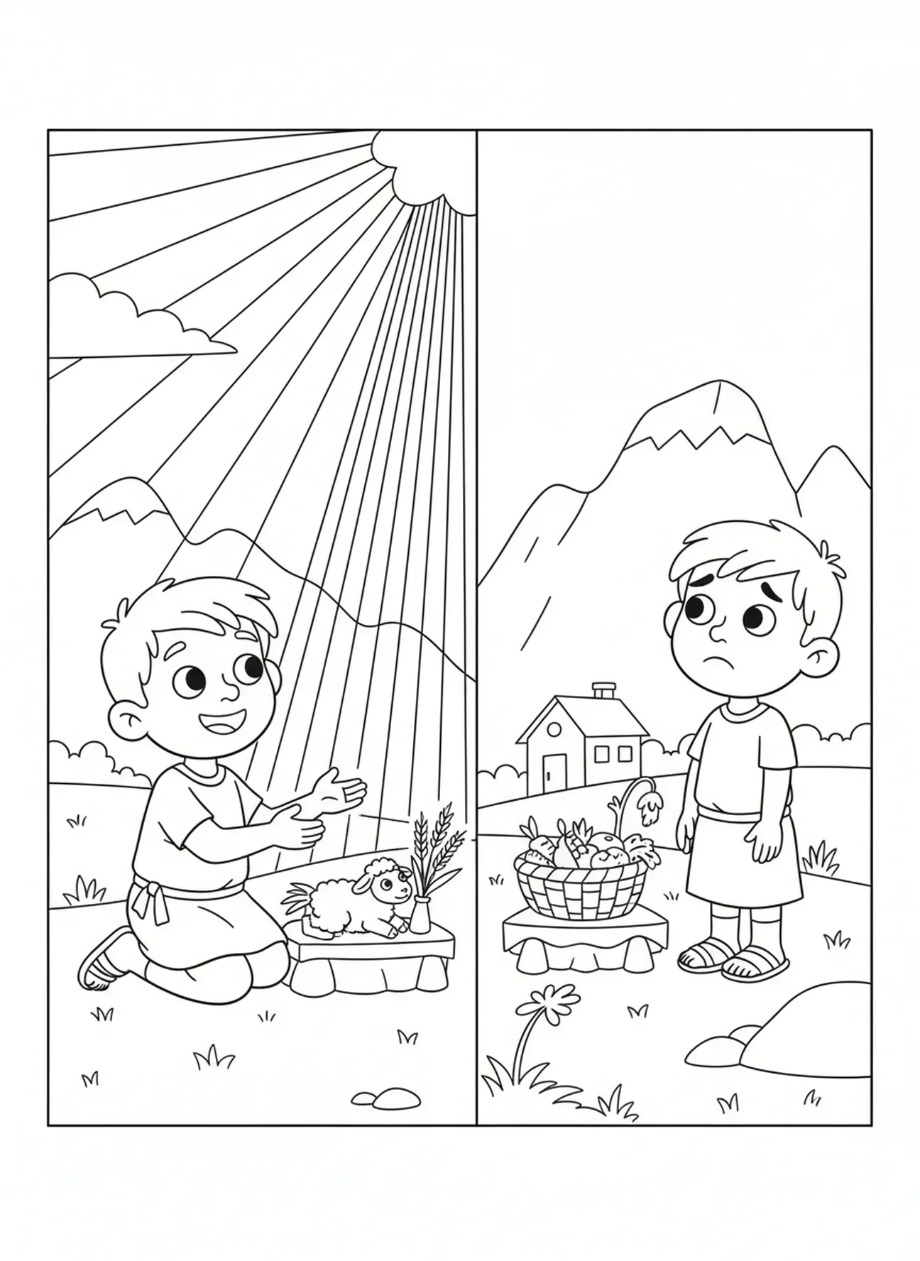 Luz brilhando sobre a oferta de Abel, página de colorir de Caim e Abel para crianças de 5 a 10 anos.