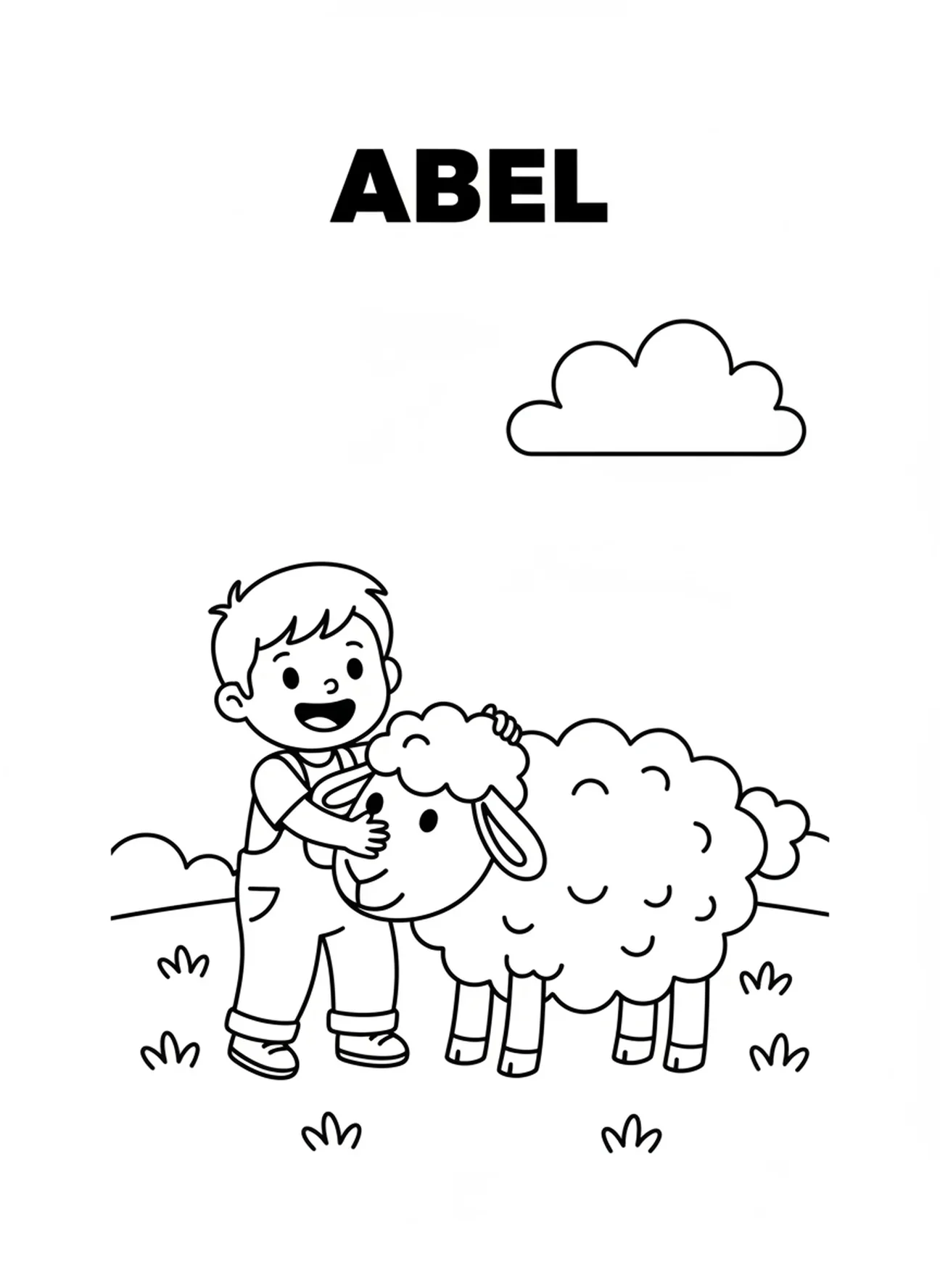 Abel sonriente con una gran oveja, página para colorear de Caín y Abel para niños en edad preescolar de 3 a 5 años