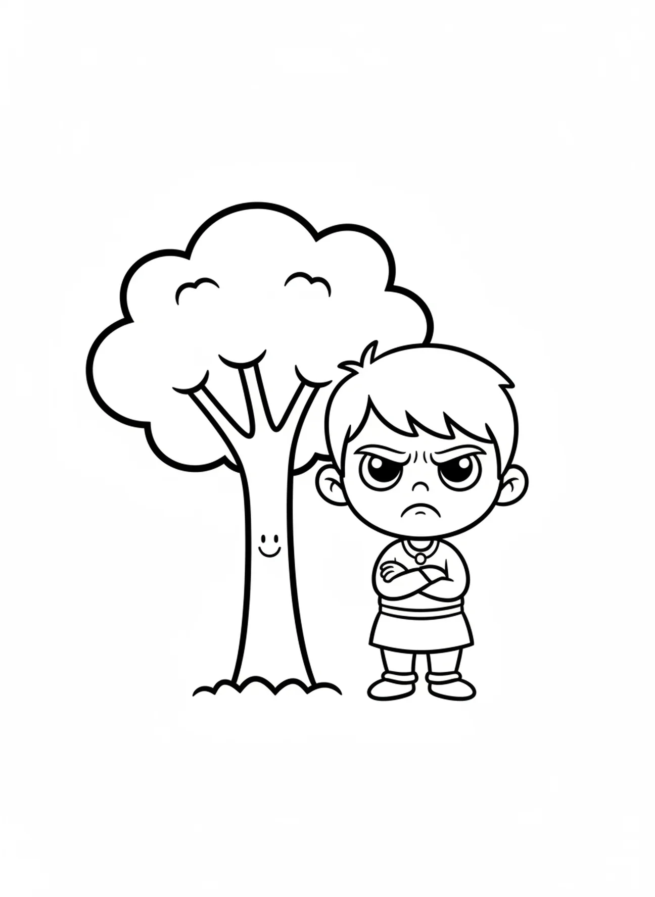 Caín molesto al lado de un árbol, página para colorear de Caín y Abel para niños en edad preescolar de 3 a 5 años
