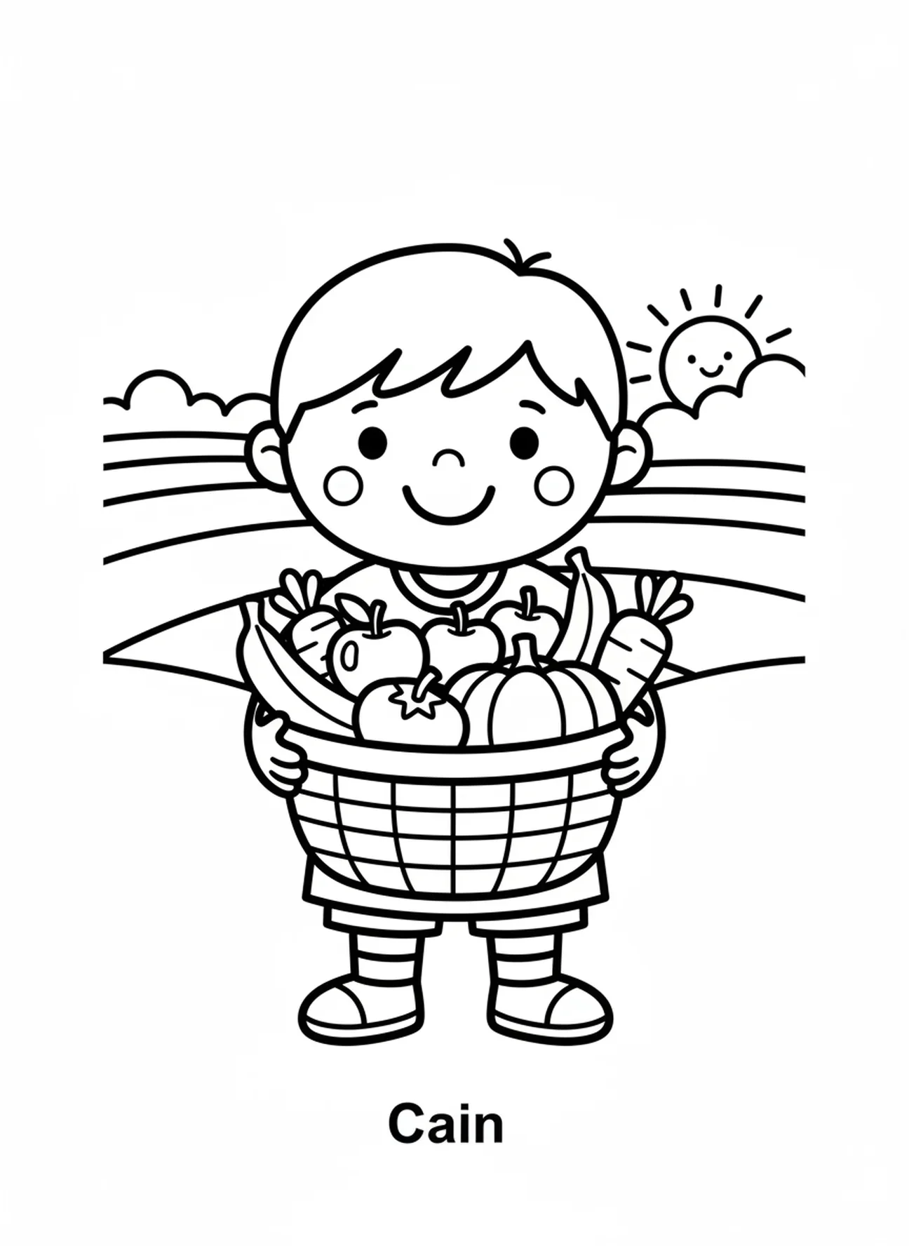 Caín sonriente con una cesta de frutas, página para colorear de Caín y Abel para niños de 3 a 5 años