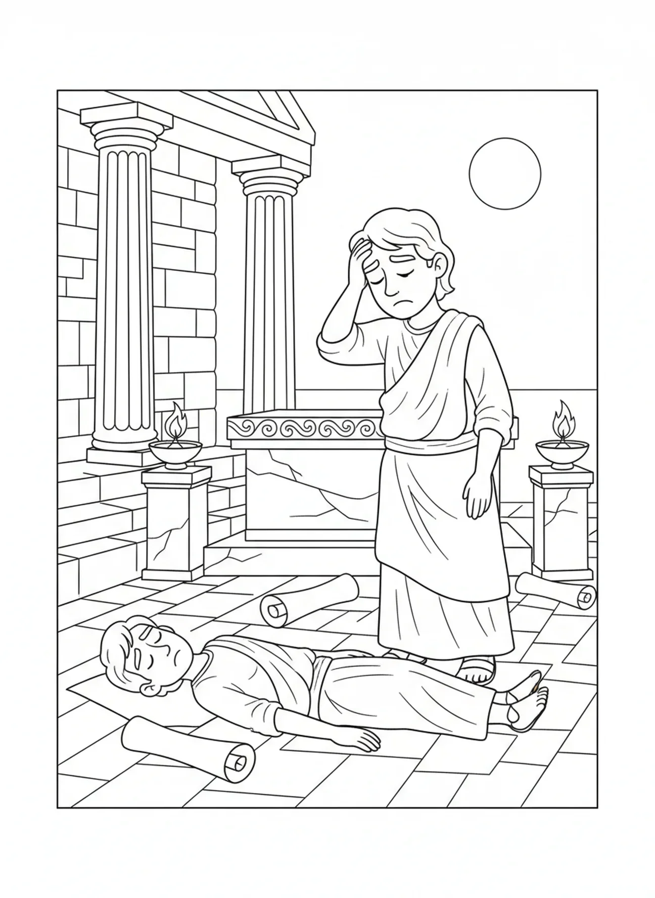 Caïn triste sur Abel tombé, page à colorier Caïn et Abel pour les enfants de l'École du dimanche âgés de 5 à 12 ans.