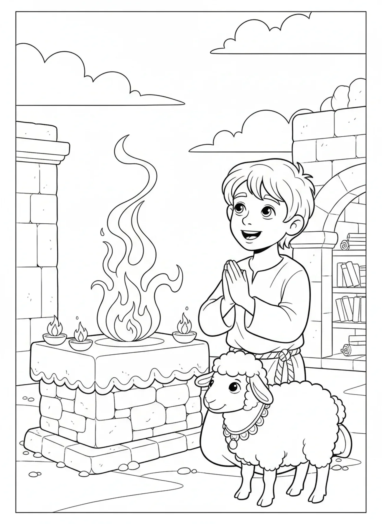Mouton en dessin animé et Abel joyeux, page à colorier sur Caïn et Abel pour les enfants de l'École du dimanche âgés de 5 à 12 ans.