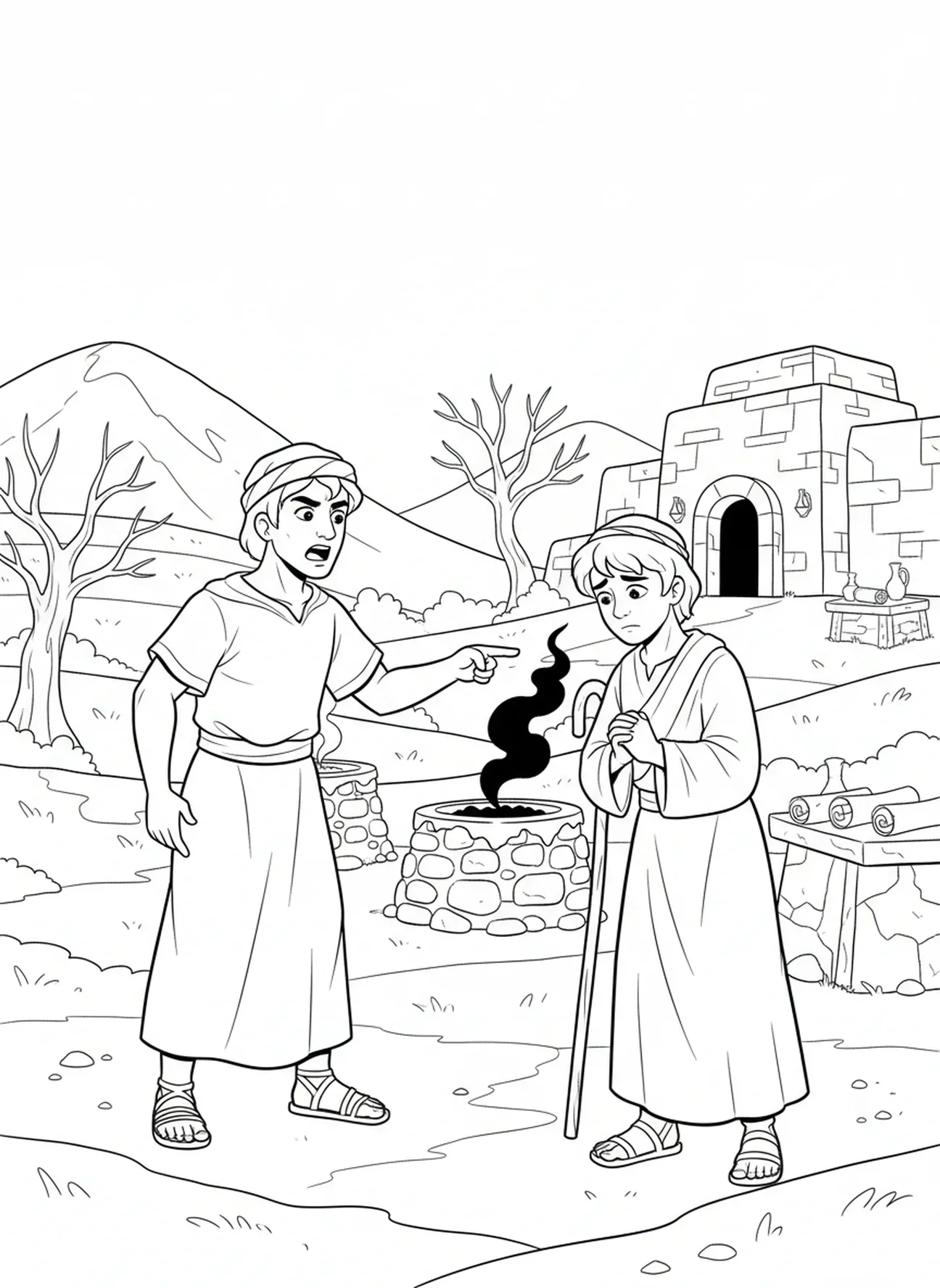 Frères en conflit dans le champ, page à colorier de Caïn et Abel pour les enfants de l'École du dimanche âgés de 5 à 12 ans.