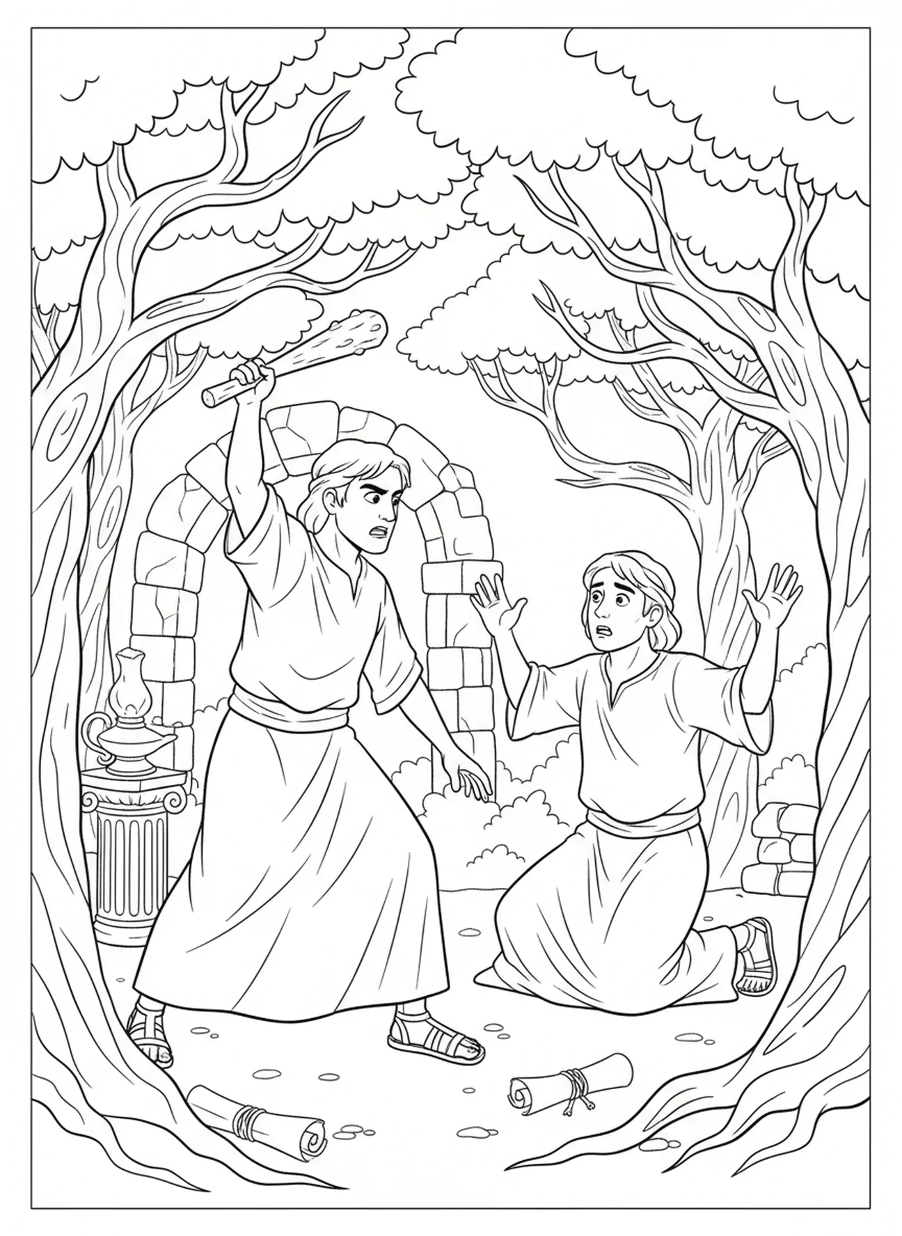Moment dramatique de conflit, page à colorier Caïn et Abel pour les enfants de l'École du dimanche âgés de 5 à 12 ans.