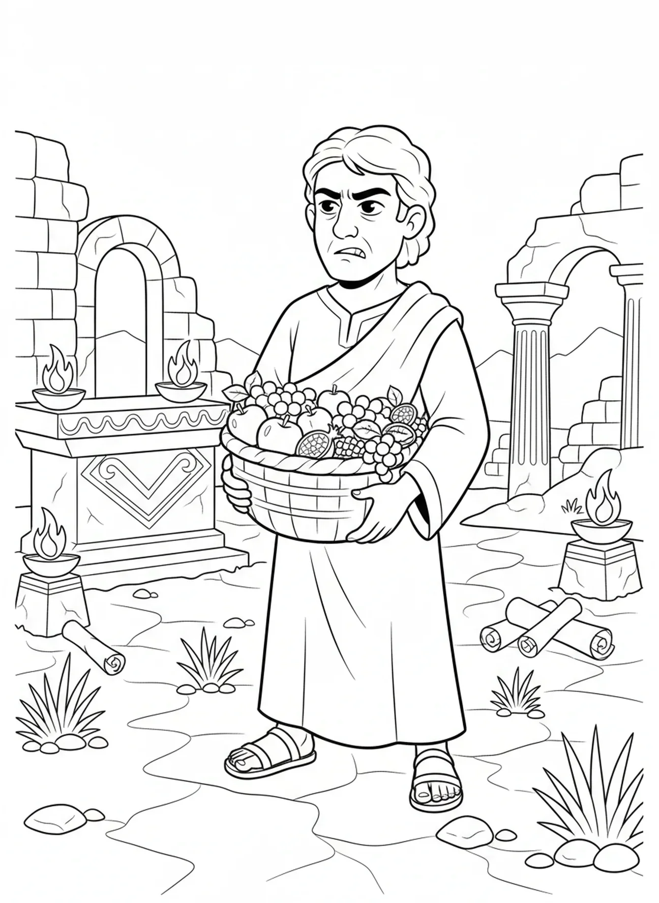 Caïn en colère avec un panier de fruits, page à colorier Caïn et Abel pour les enfants de l'École du dimanche âgés de 5 à 12 ans.