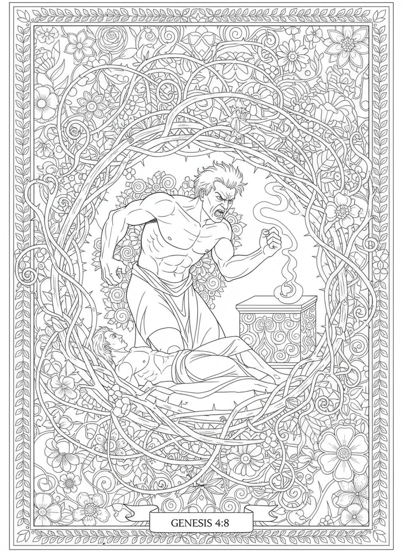 A ira de Caim, página para colorir Caim matando Abel no estilo de journaling bíblico para adultos.