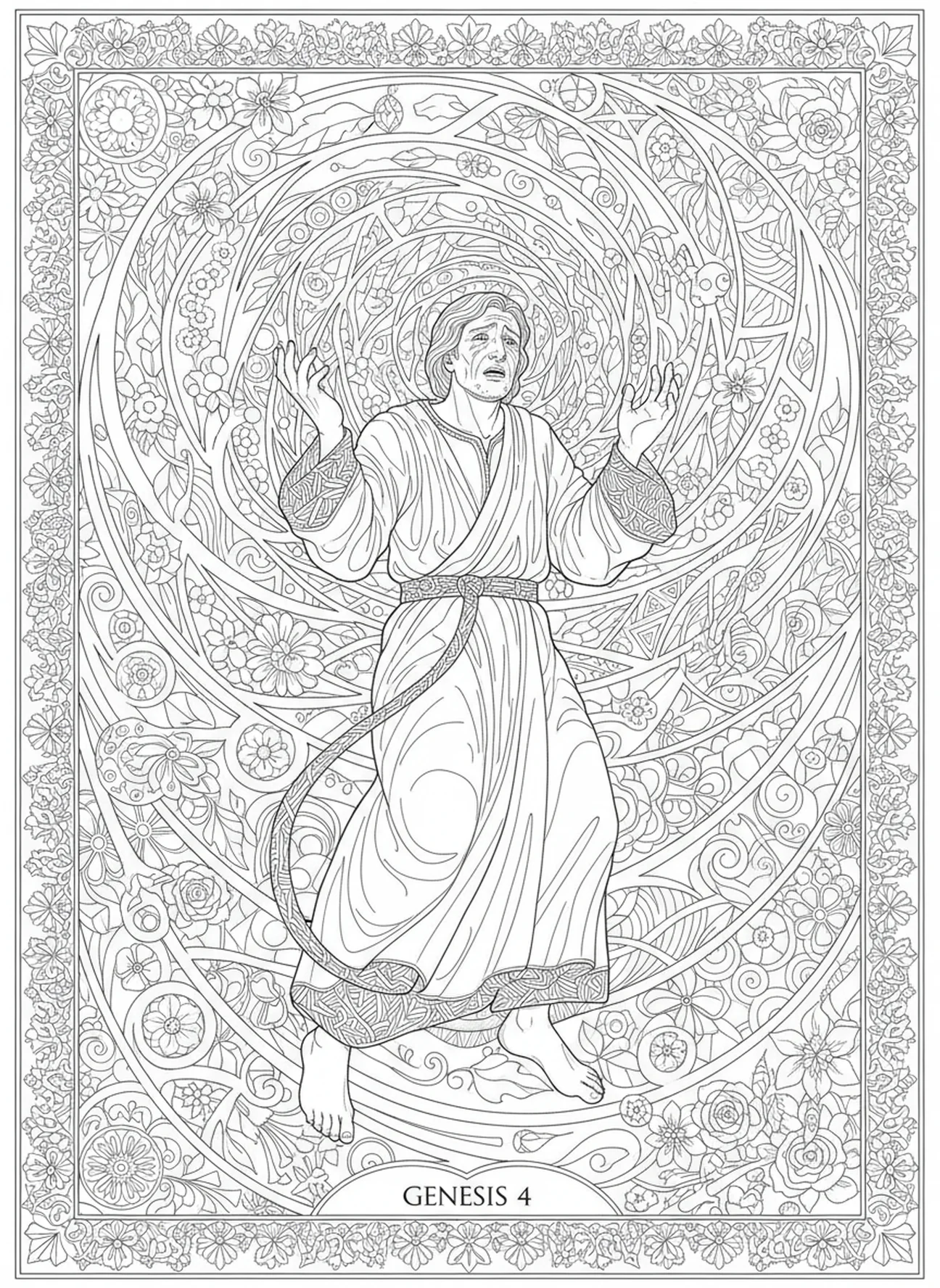 Reação de Caim, página de colorir Caim matando Abel no estilo de journaling bíblico para adultos.