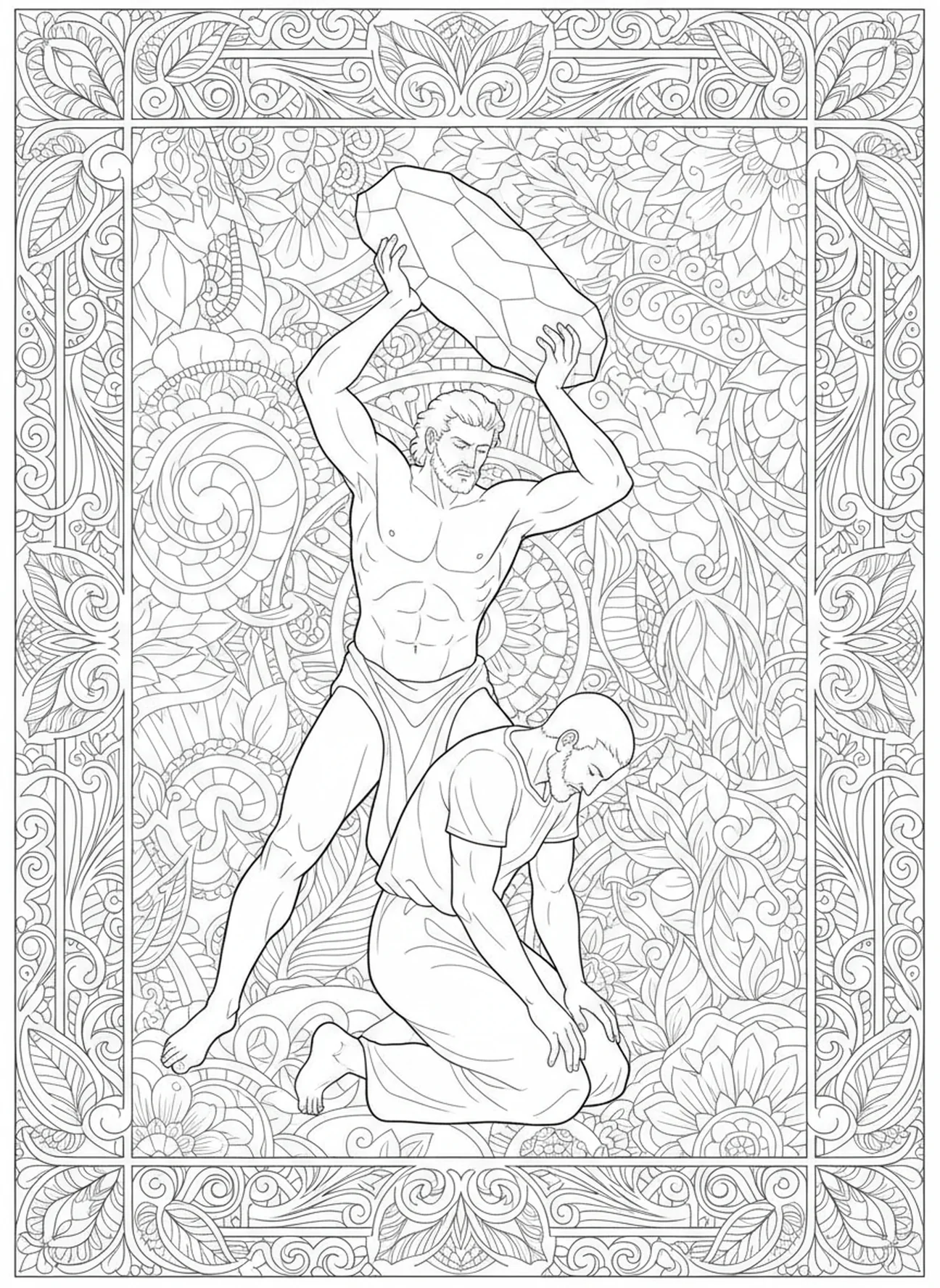Caim atacando Abel, página para colorir Caim matando Abel no estilo de journaling bíblico para adultos.