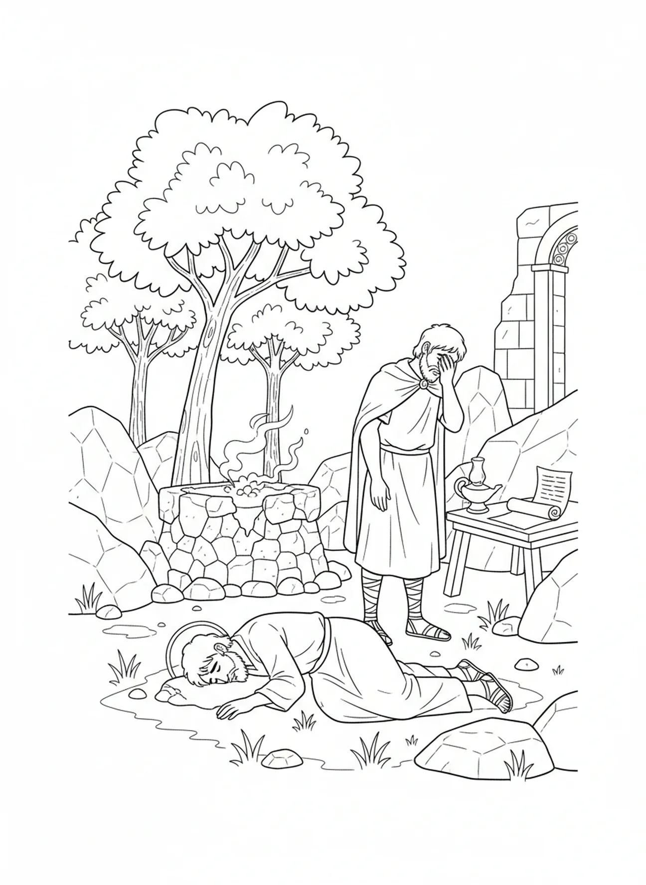Abel tombé, Caïn tuant Abel page à colorier pour les enfants de l'École du dimanche âgés de 5 à 12 ans.