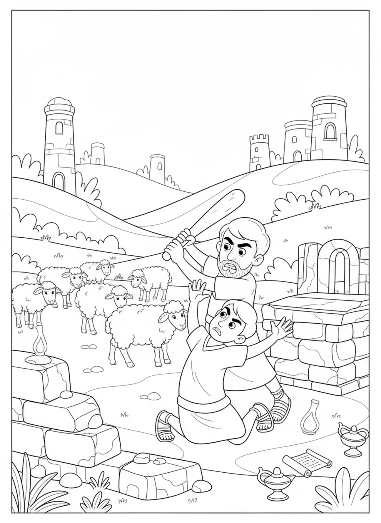 Caïn attaquant Abel, page à colorier sur Caïn tuant Abel pour les enfants de l'École du dimanche âgés de 5 à 12 ans.