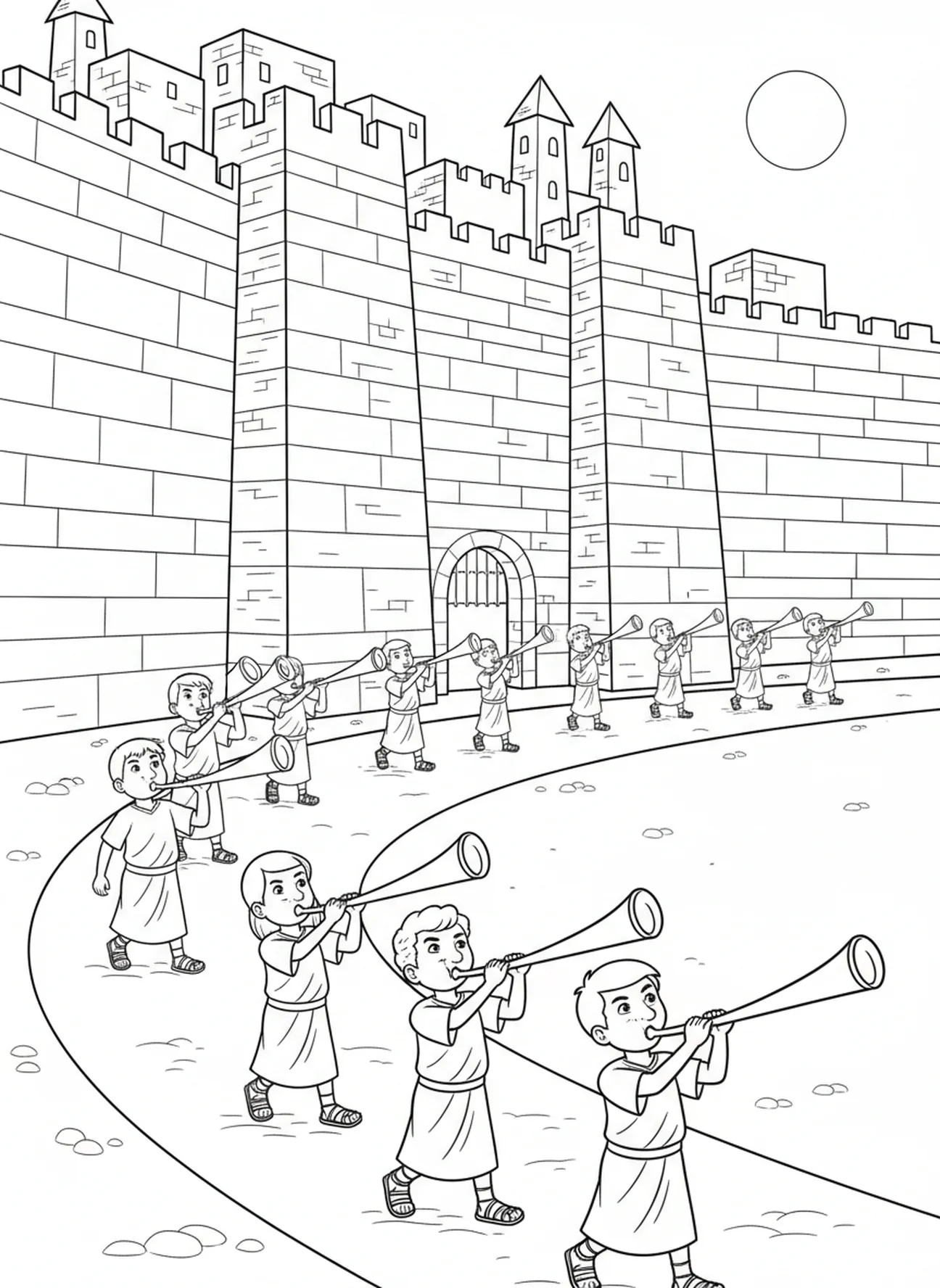 Israélites marchant, page à colorier de la ville de Jéricho pour les enfants de 5 à 10 ans.