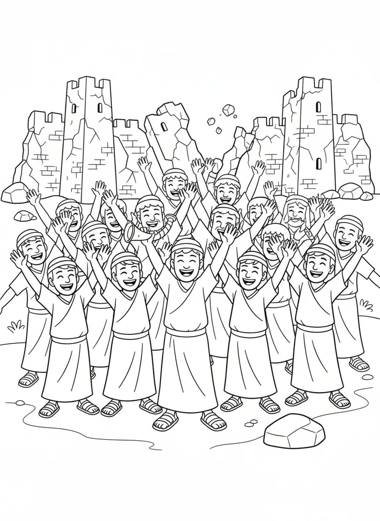 Josué et les Israélites se réjouissant, page à colorier de la ville de Jéricho pour les enfants de 5 à 10 ans.