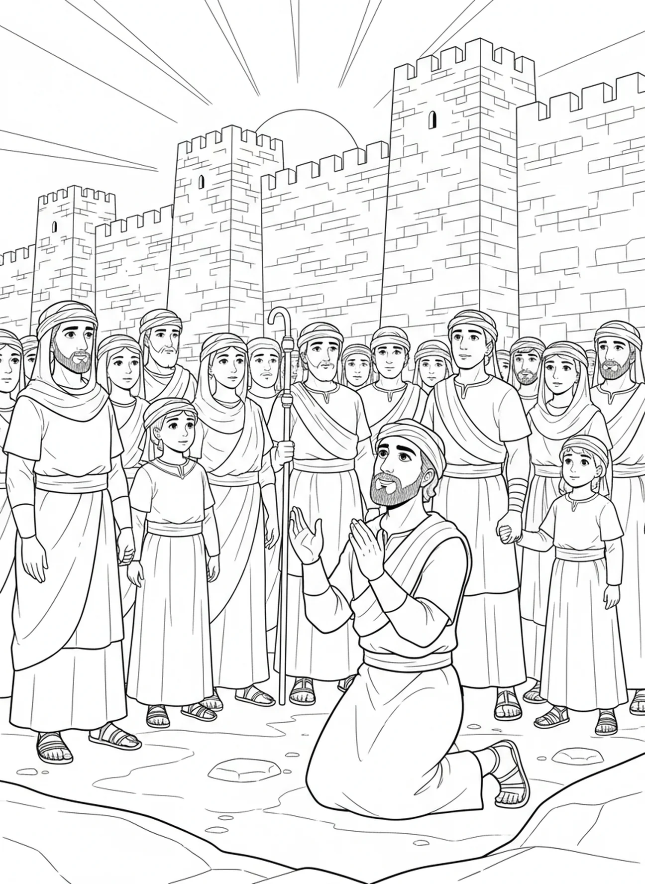 Josué en prière, page à colorier sur la ville de Jéricho pour les enfants de 5 à 10 ans.