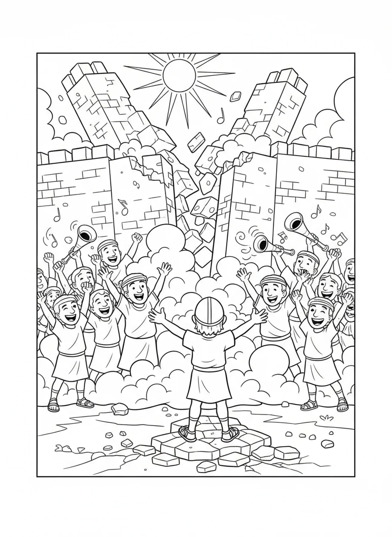 Murs de Jéricho s'effondrant, page à colorier sur la ville de Jéricho pour les enfants de 5 à 10 ans.