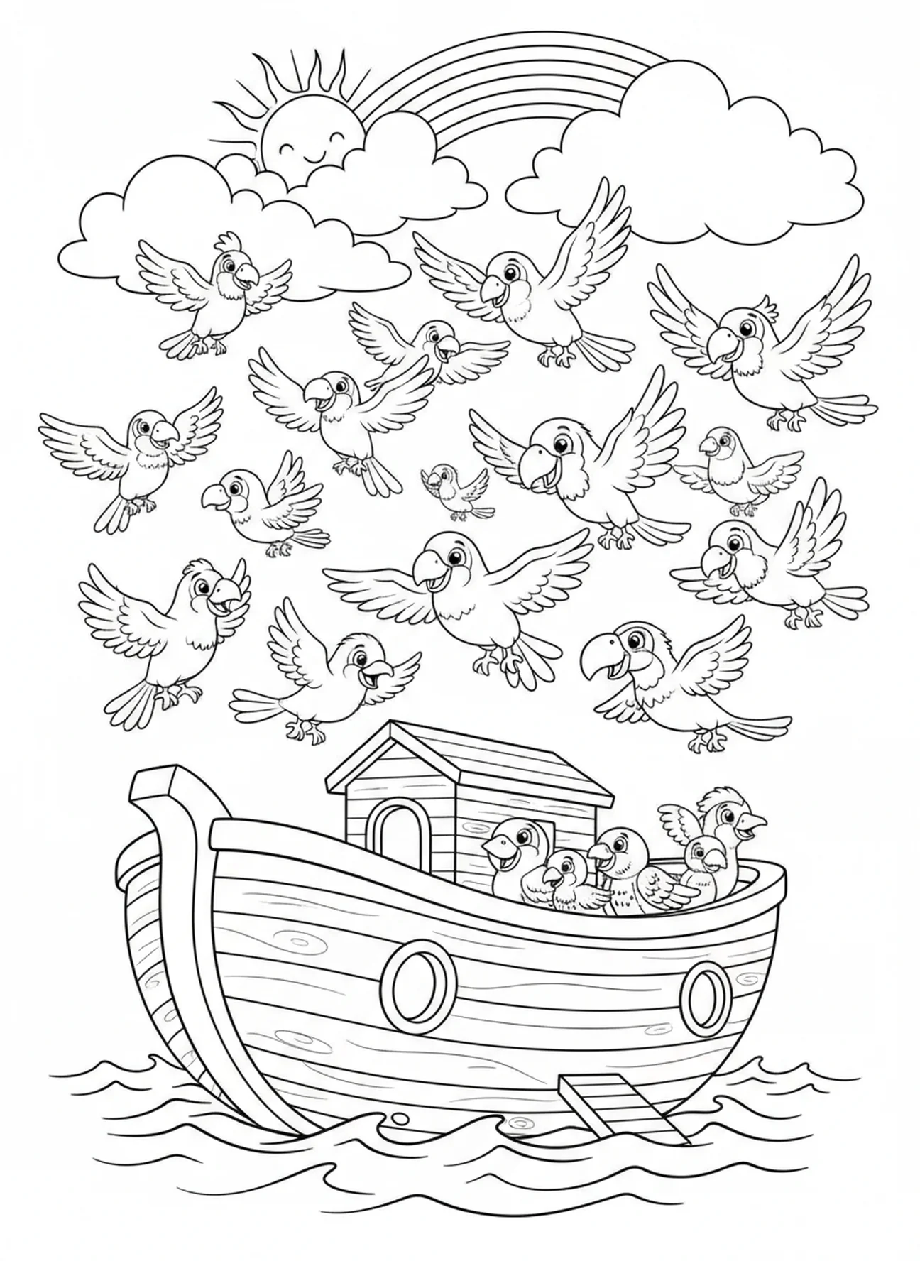 Kleurige vogels die vliegen, Kleurenpagina van Vogels en Vissen voor kinderen van 5-10 jaar.