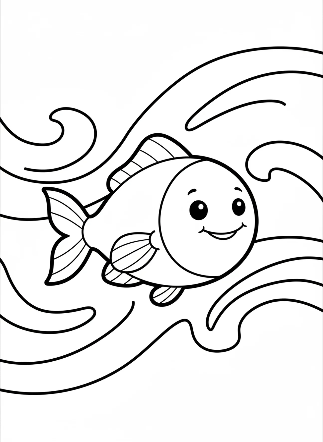 Pez feliz en las olas, página para colorear de la Creación: Pájaros y Peces para niños de 3 a 5 años