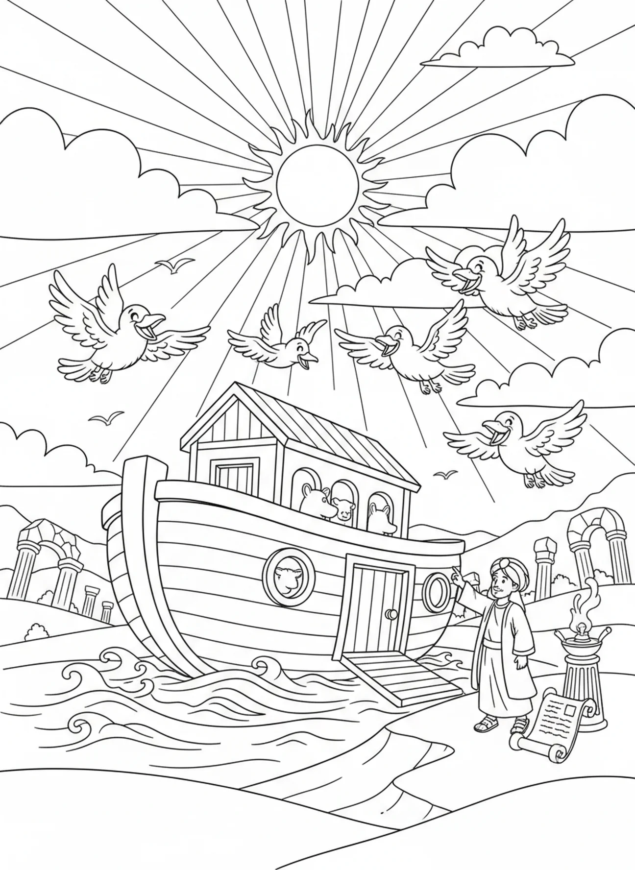 Oiseaux colorés volant, page à colorier sur la Création Oiseaux Poissons pour les enfants de l'École du dimanche âgés de 5 à 12 ans.