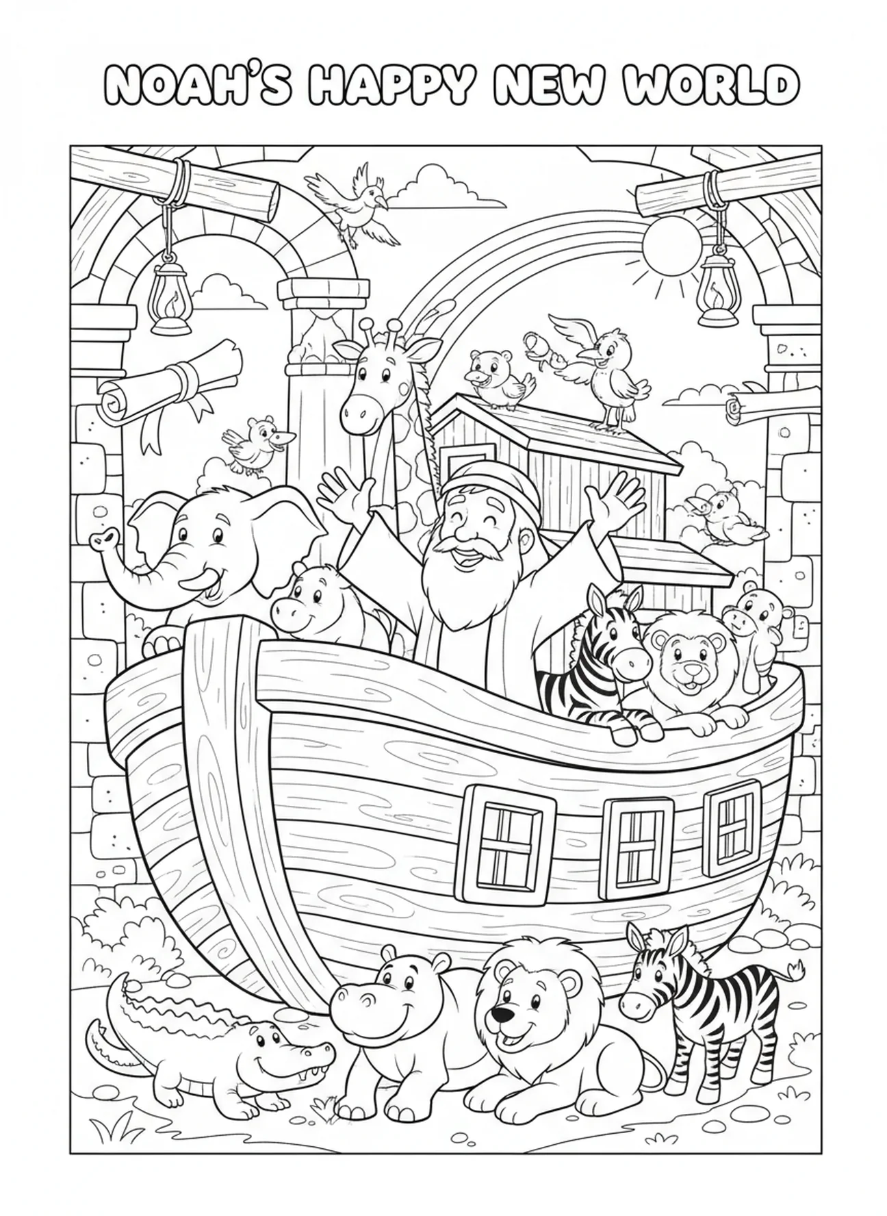 Noé célébrant avec les animaux, page à colorier sur les oiseaux et les poissons de la Création pour les enfants de l'École du dimanche âgés de 5 à 12 ans.