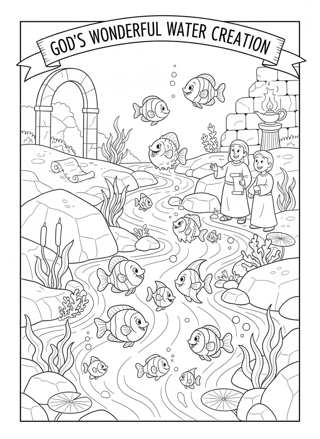 Poissons de dessin animé nageant, page à colorier sur la Création des Oiseaux et des Poissons pour les enfants de l'École du dimanche âgés de 5 à 12 ans.