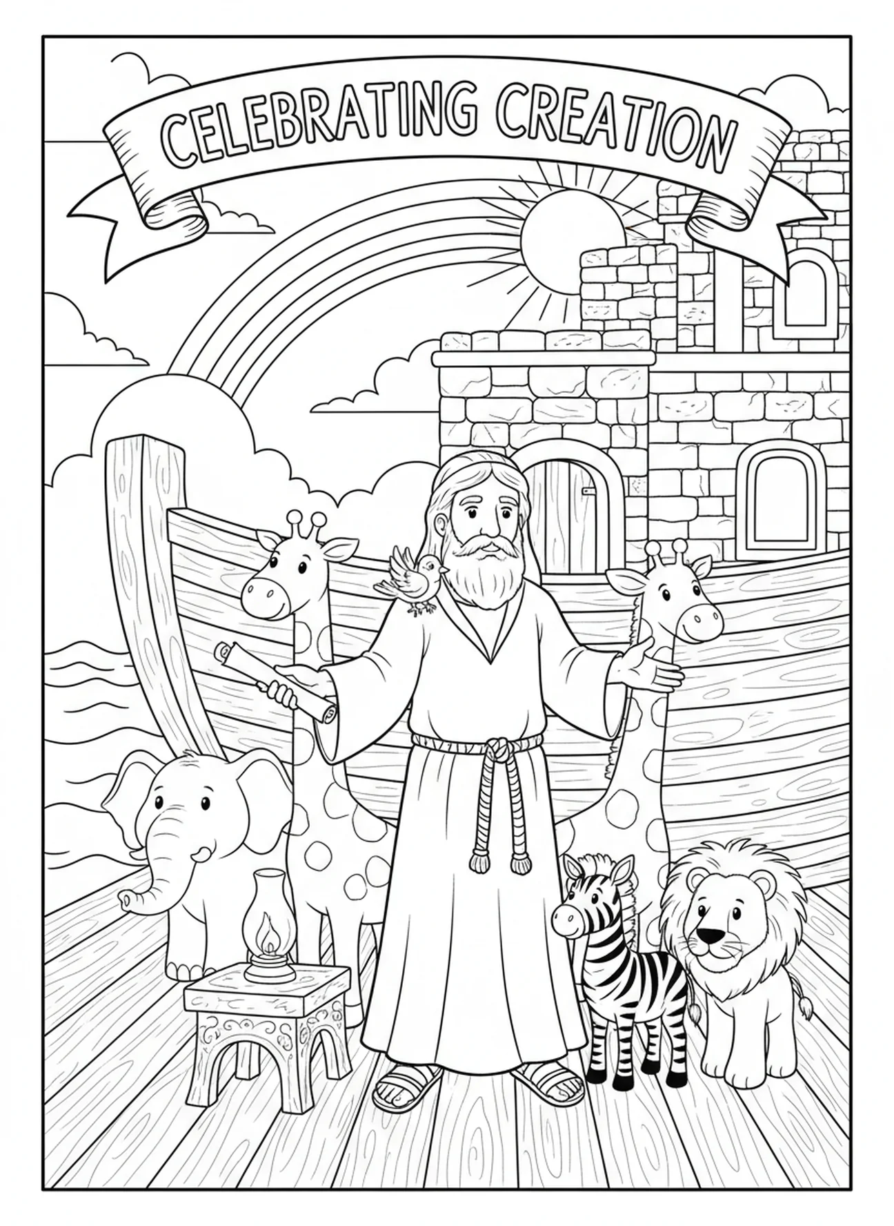 Noé avec des animaux sur l'arche, coloriage Création Oiseaux Poissons pour l'École du dimanche enfants de 5 à 12 ans.
