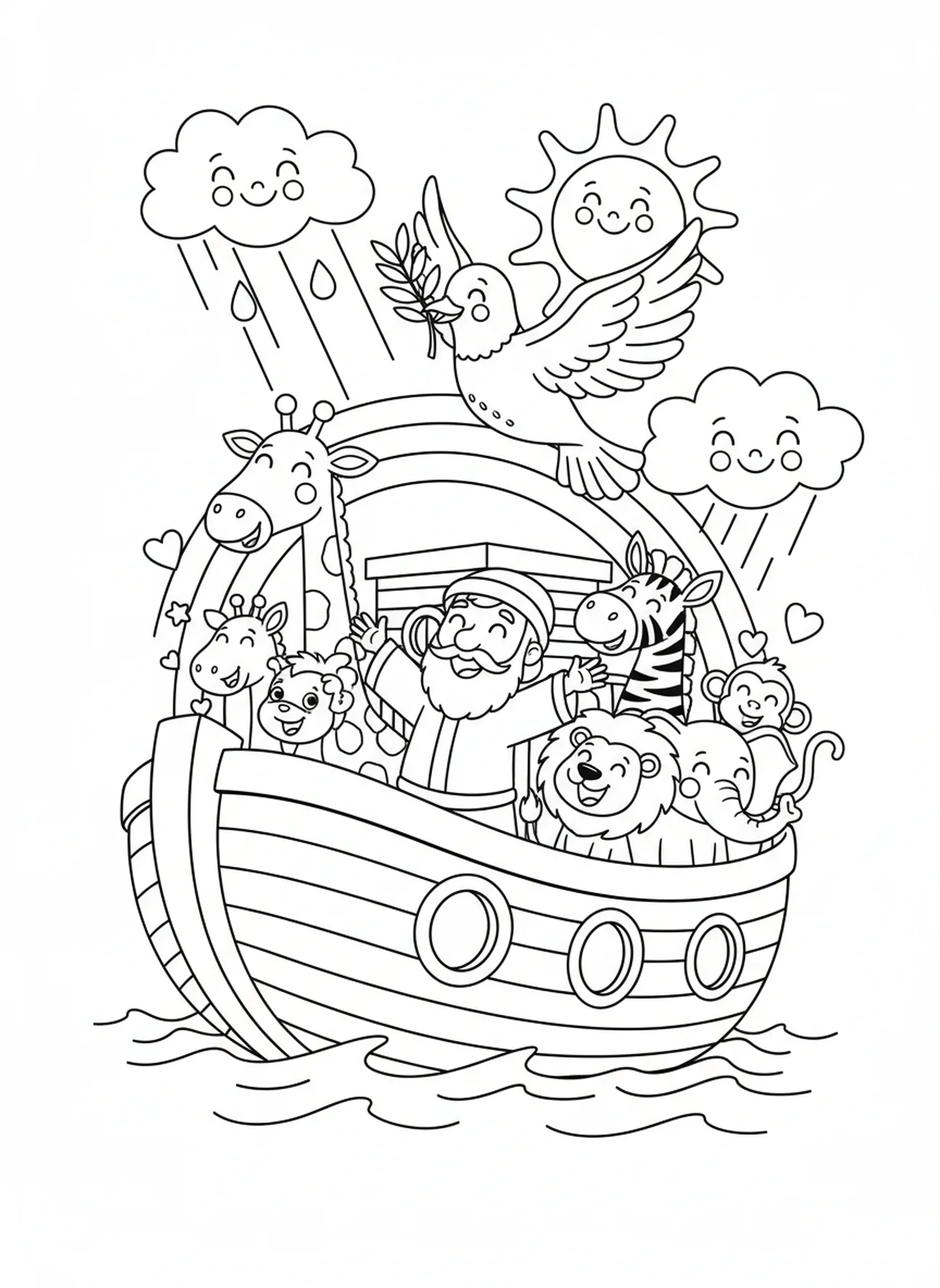 Taube mit einem Olivenzweig, Ausmalbild zum Schöpfungstag 2 Himmel Wasser für Kinder im Alter von 5-10 Jahren.