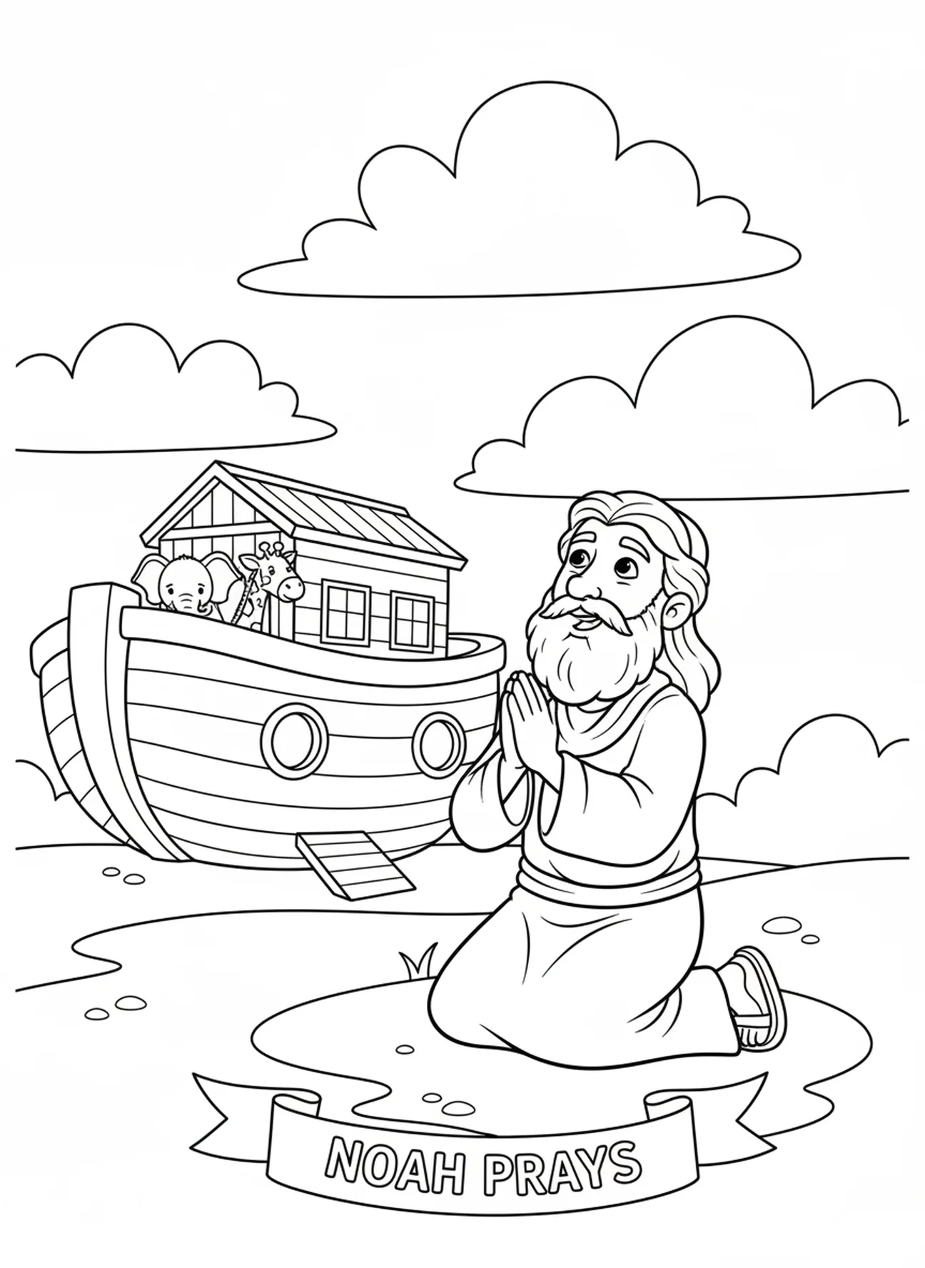 Noah betet unter dem Himmel, Malvorlage zum Schöpfungstag 2 Himmel Wasser für Kinder im Alter von 5-10 Jahren.