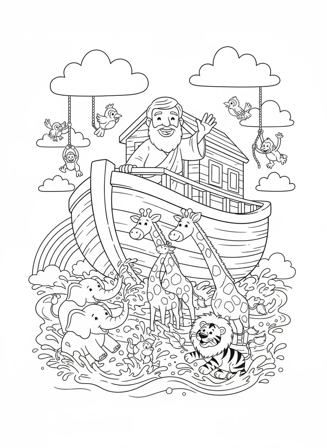 Noah, der Tiere im Wasser zuschaut, Ausmalbild zum Schöpfungstag 2 Himmel Wasser für Kinder im Alter von 5-10 Jahren.