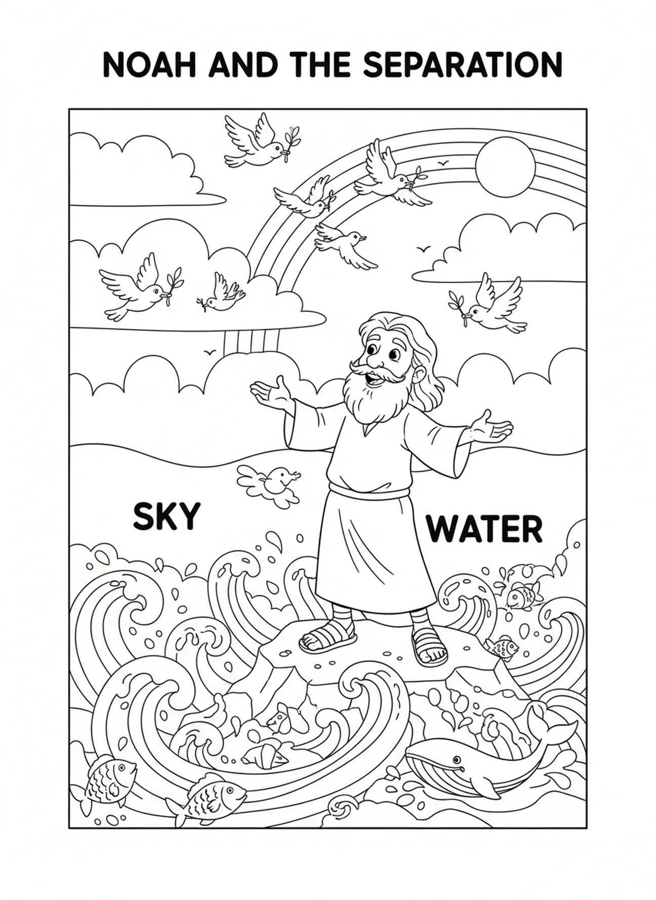 Noah beobachtet die Trennung von Wasser und Himmel, Malvorlage zum Schöpfungstag 2 für Kinder im Alter von 5-10 Jahren.