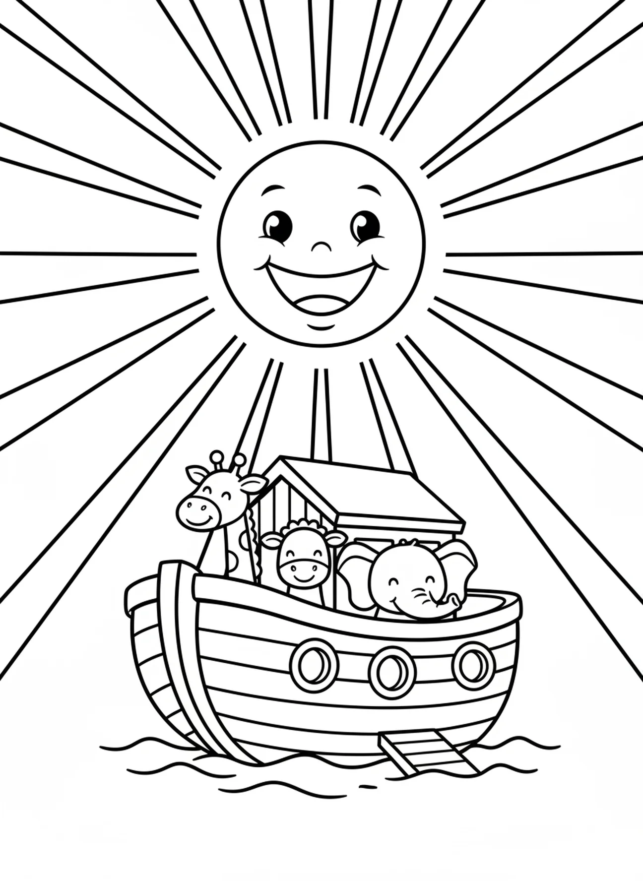 Sol sorridente acima da arca, página de colorir do Dia da Criação 2 Céu e Água para crianças de 3 a 5 anos.