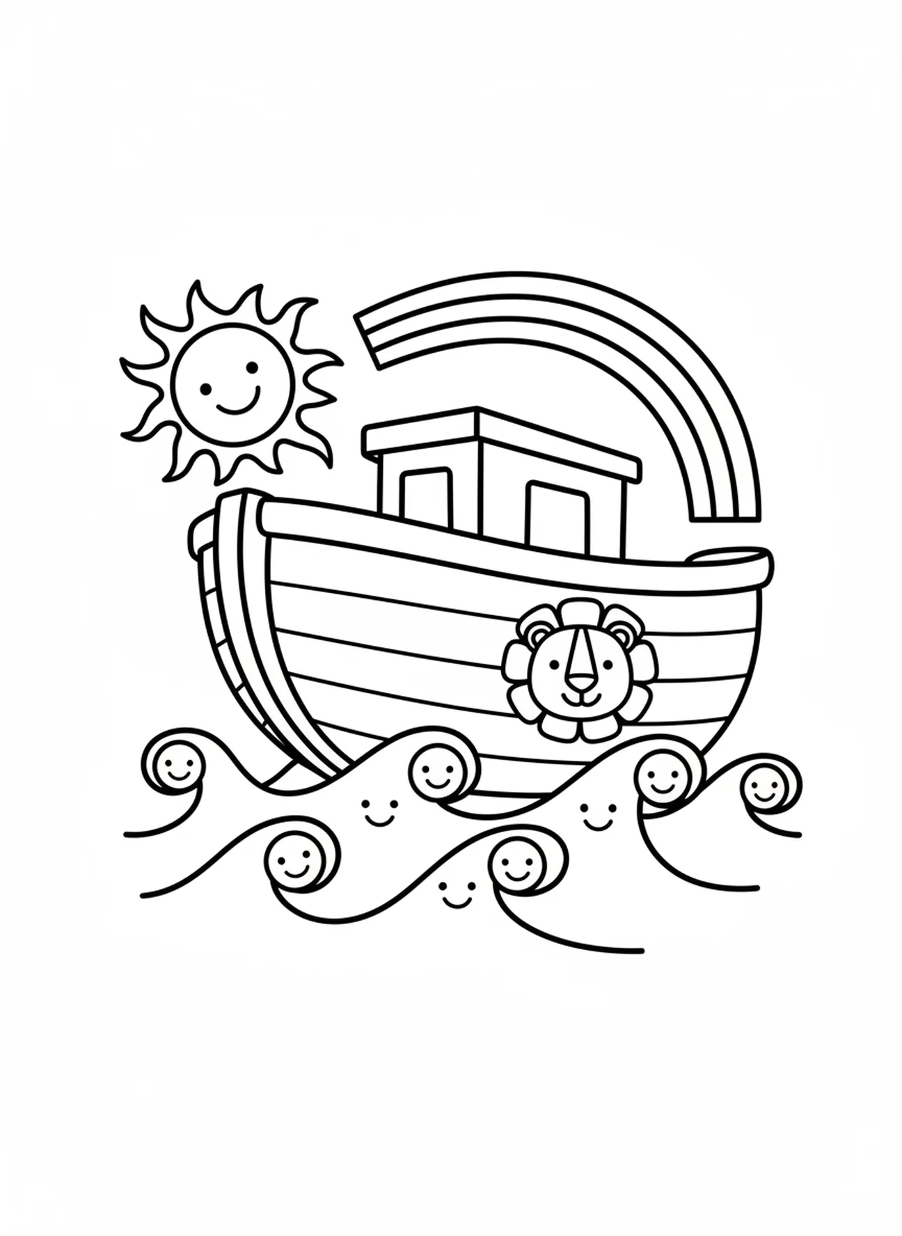 Ondas suaves perto da arca, página para colorir do Dia da Criação 2 Céu e Água para crianças de 3 a 5 anos.