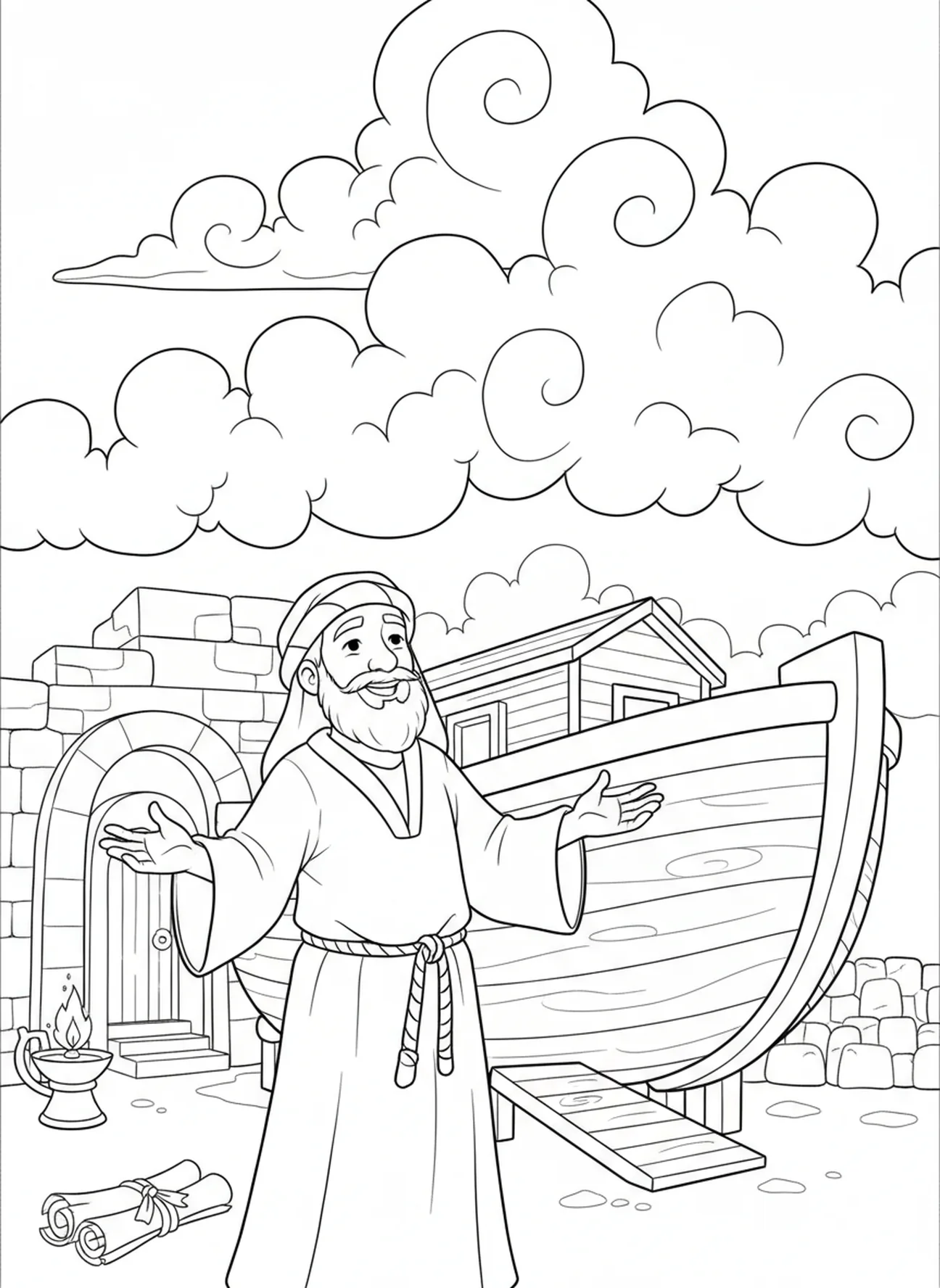 Flauschige Wolken am Himmel, Ausmalbild zum Schöpfungstag 2 Wasser und Himmel für Sonntagsschulkinder im Alter von 5-12 Jahren.