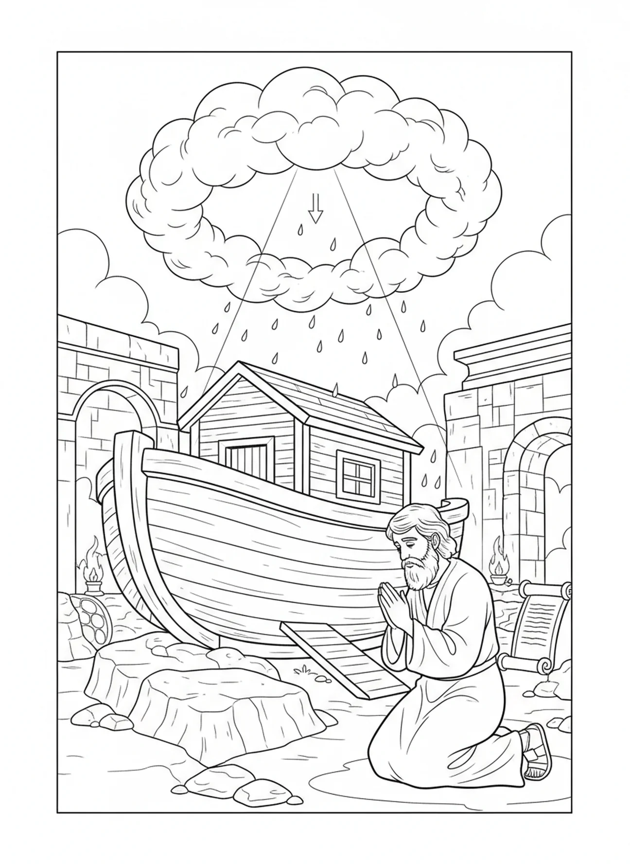 Noah betet neben der Arche, Ausmalbild zum Schöpfungstag 2 Himmel Wasser für Sonntagsschulkinder im Alter von 5-12 Jahren.