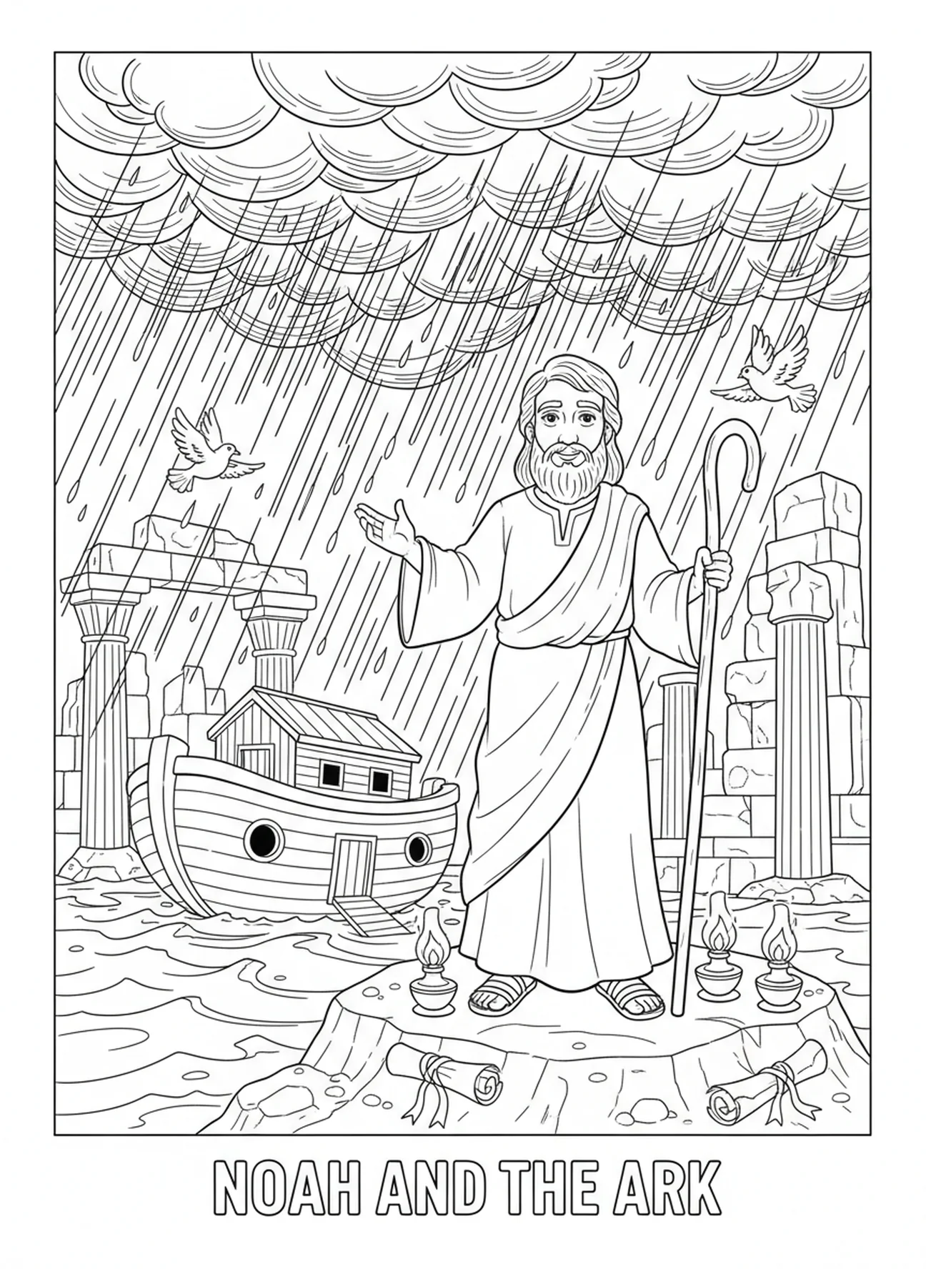 Wasser fließt aus den Wolken, Ausmalbild zum Schöpfungstag 2 Himmel Wasser für die Sonntagsschule Kinder im Alter von 5-12 Jahren.