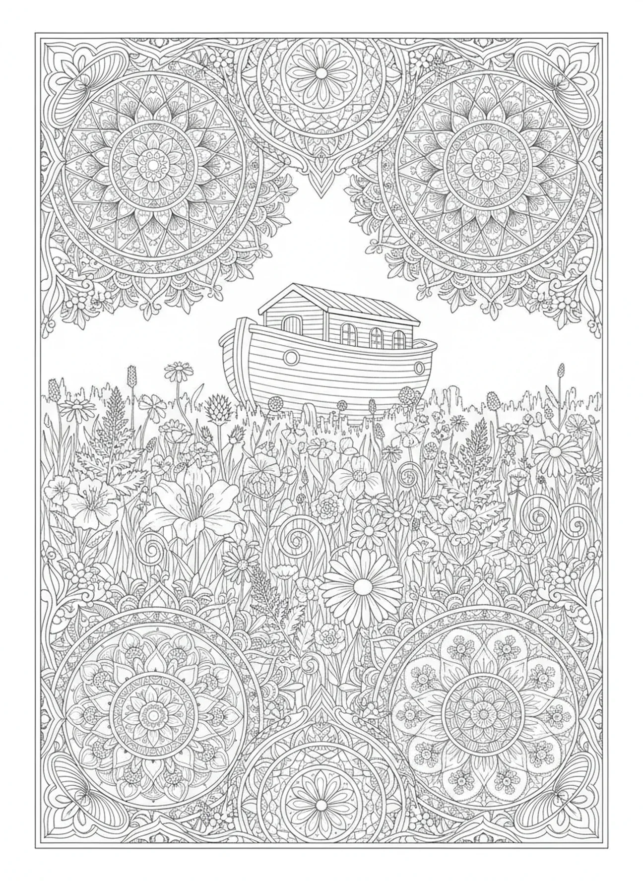 Malerei einer malerischen Wiese voller Wildblumen, Schöpfungstag 3 Landpflanzen Ausmalbild für Erwachsene im Bibel-Journaling-Stil