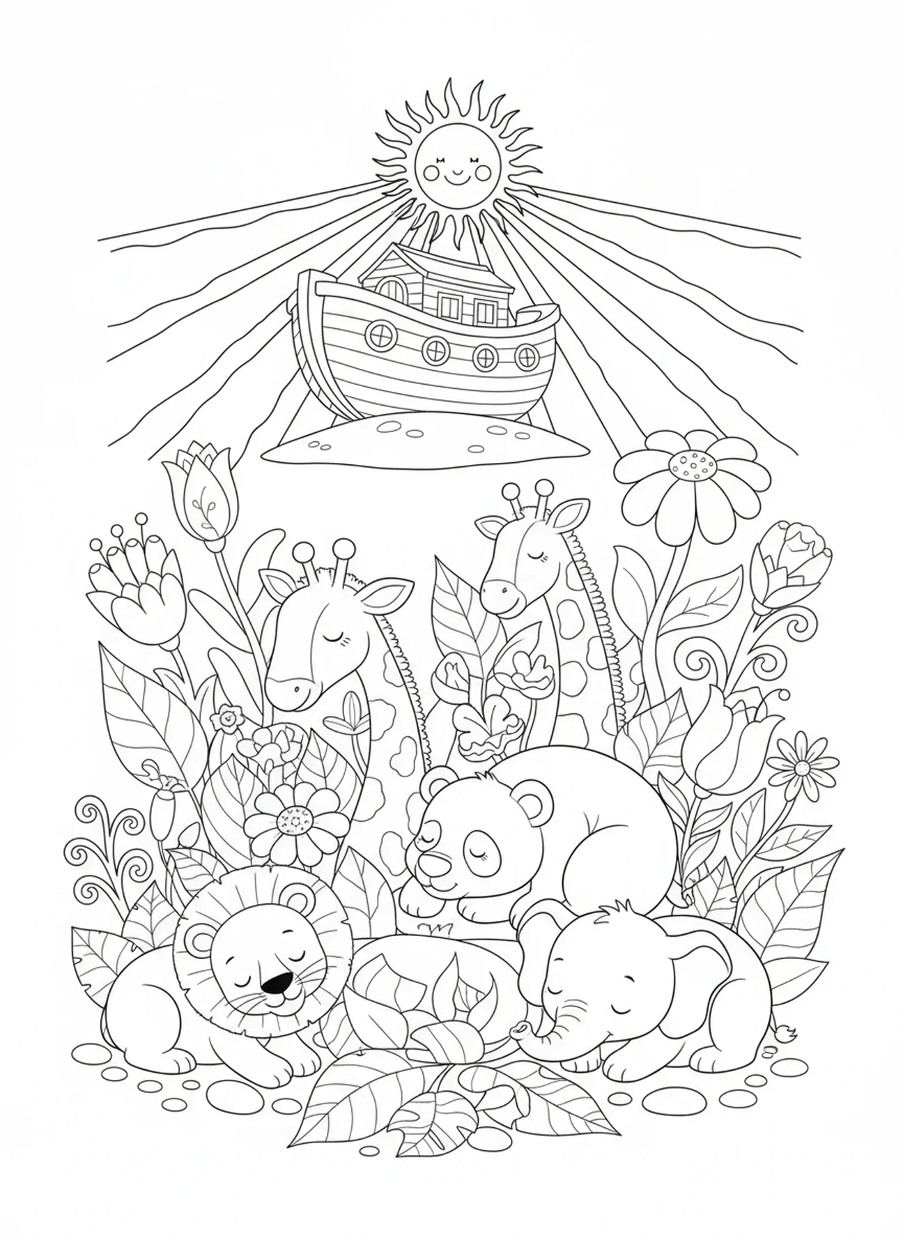 Cartoon dieren in een levendige tuin, Kleurenpagina van de Schepping Dag 3 Landplanten voor kinderen van 5-10 jaar.