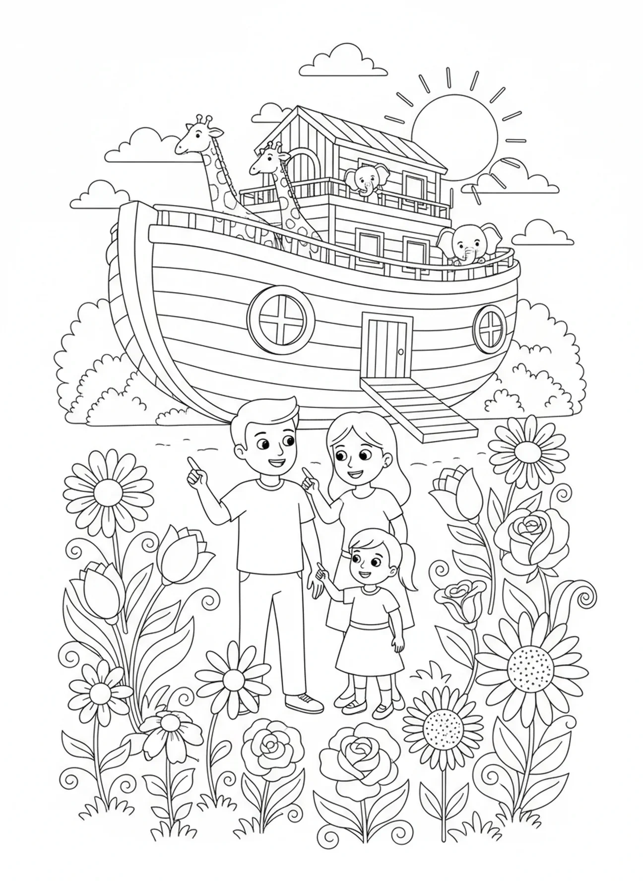 Vrolijke familie die bloemen bewondert, Kleurenpagina van Schepping Dag 3 Landplanten voor kinderen van 5-10 jaar.