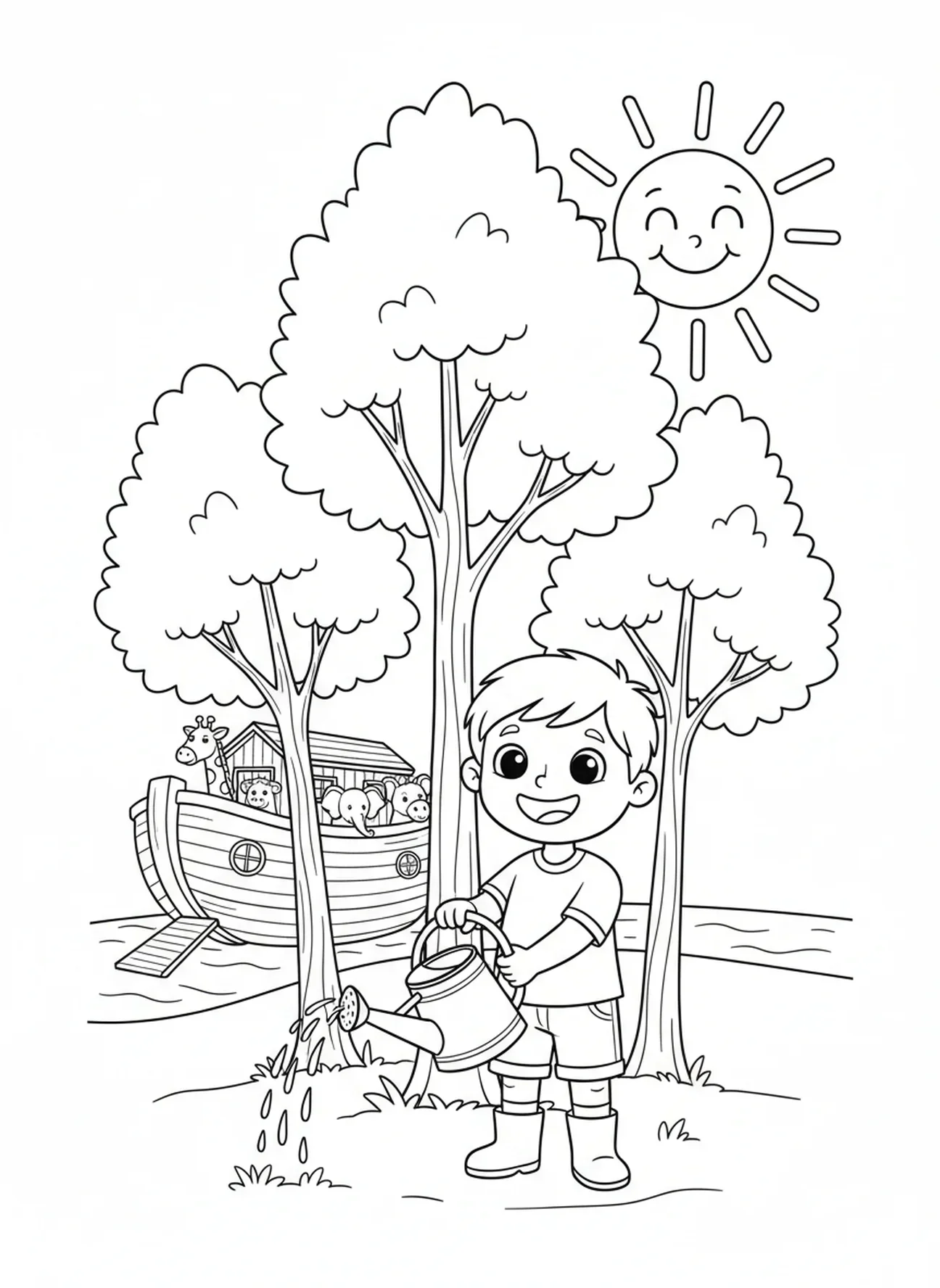 Blij kind dat bomen water geeft, Kleurenpagina van de derde dag van de schepping met landplanten voor kinderen van 5-10 jaar.