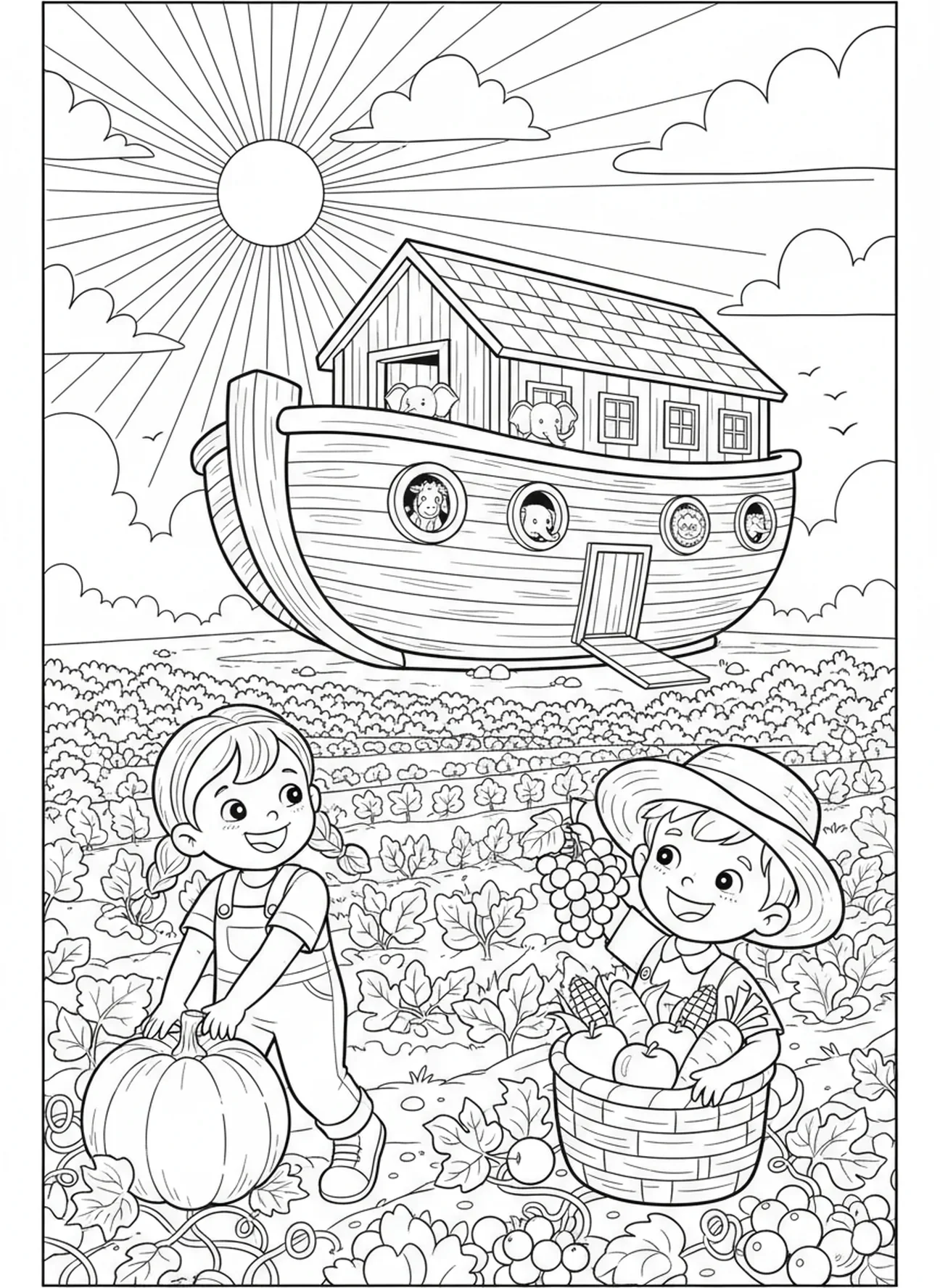Kinderen die fruit en groenten oogsten, Kleurplaat van de Schepping Dag 3 Landplanten voor kinderen van 5-10 jaar.