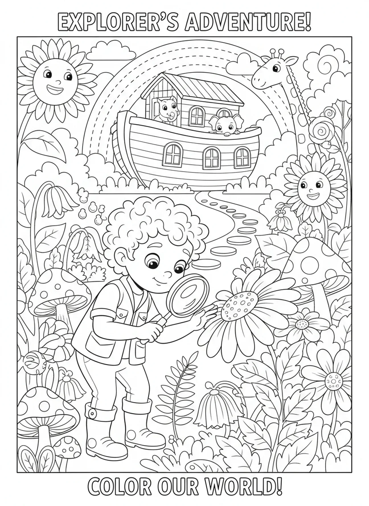 Nieuwsgierig kind dat planten verkent, Kleurenpagina van de derde dag van de Schepping met Landplanten voor kinderen van 5-10 jaar.