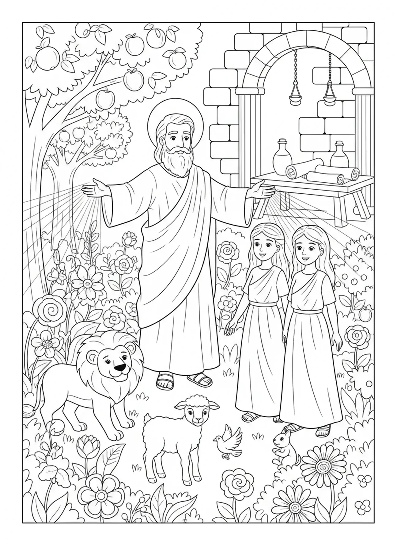 Deus abençoando plantas e animais, página de colorir da Criação Dia 3 Plantas Terrestres para crianças da Escola Dominical de 5 a 12 anos.