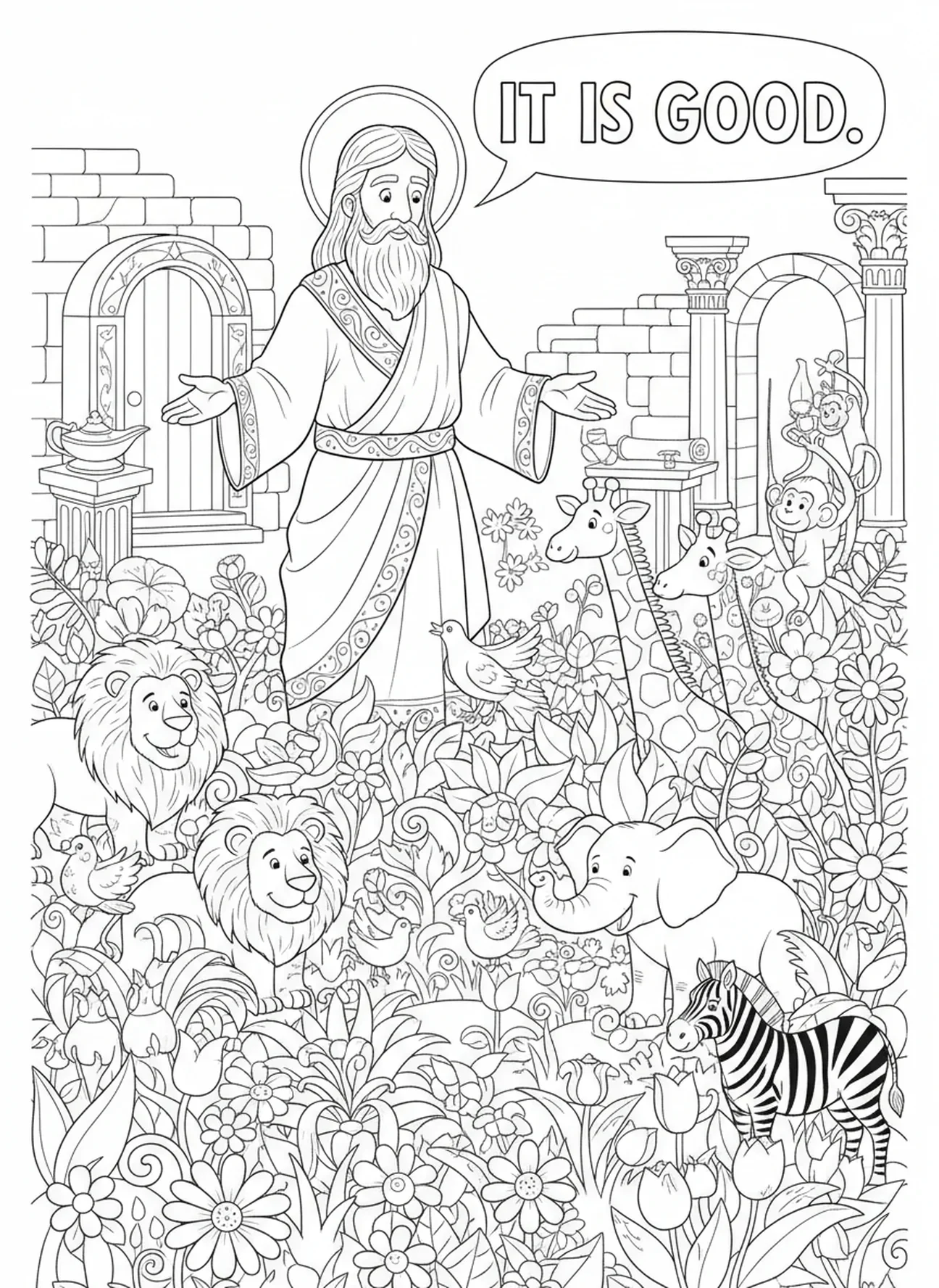 Deus observando Sua boa criação, página de colorir do Dia da Criação 3 Plantas Terrestres para crianças da Escola Dominical de 5 a 12 anos.