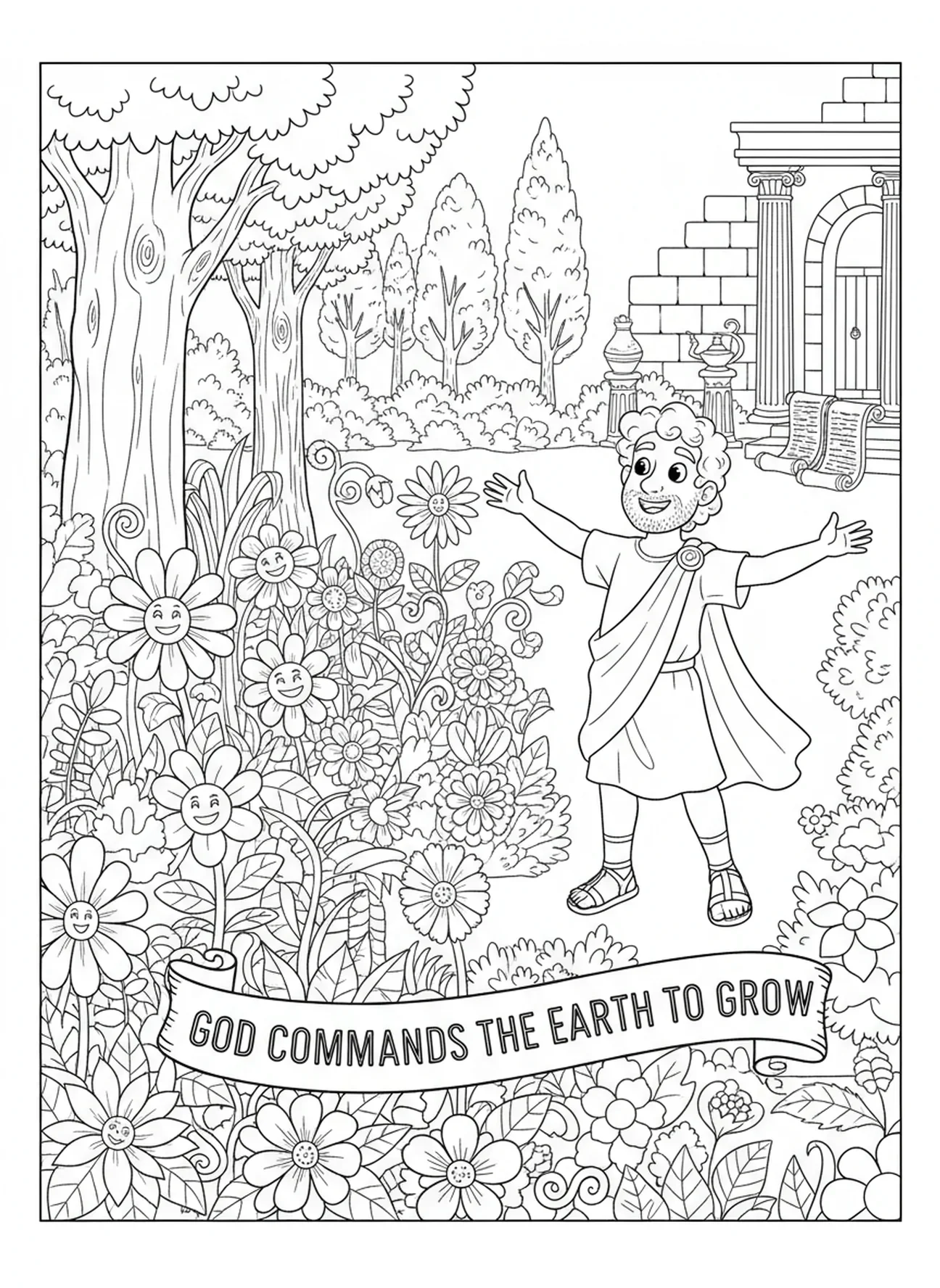 Adão alegre observando plantas florescendo, página de colorir do Dia da Criação 3 Plantas Terrestres para crianças da Escola Dominical de 5 a 12 anos.