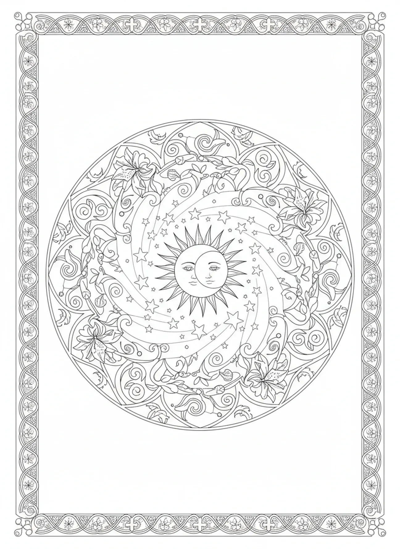 Sol y luna en armonía, página para colorear del Día de la Creación 4 Sol Luna Estrellas estilo de diario bíblico para adultos.