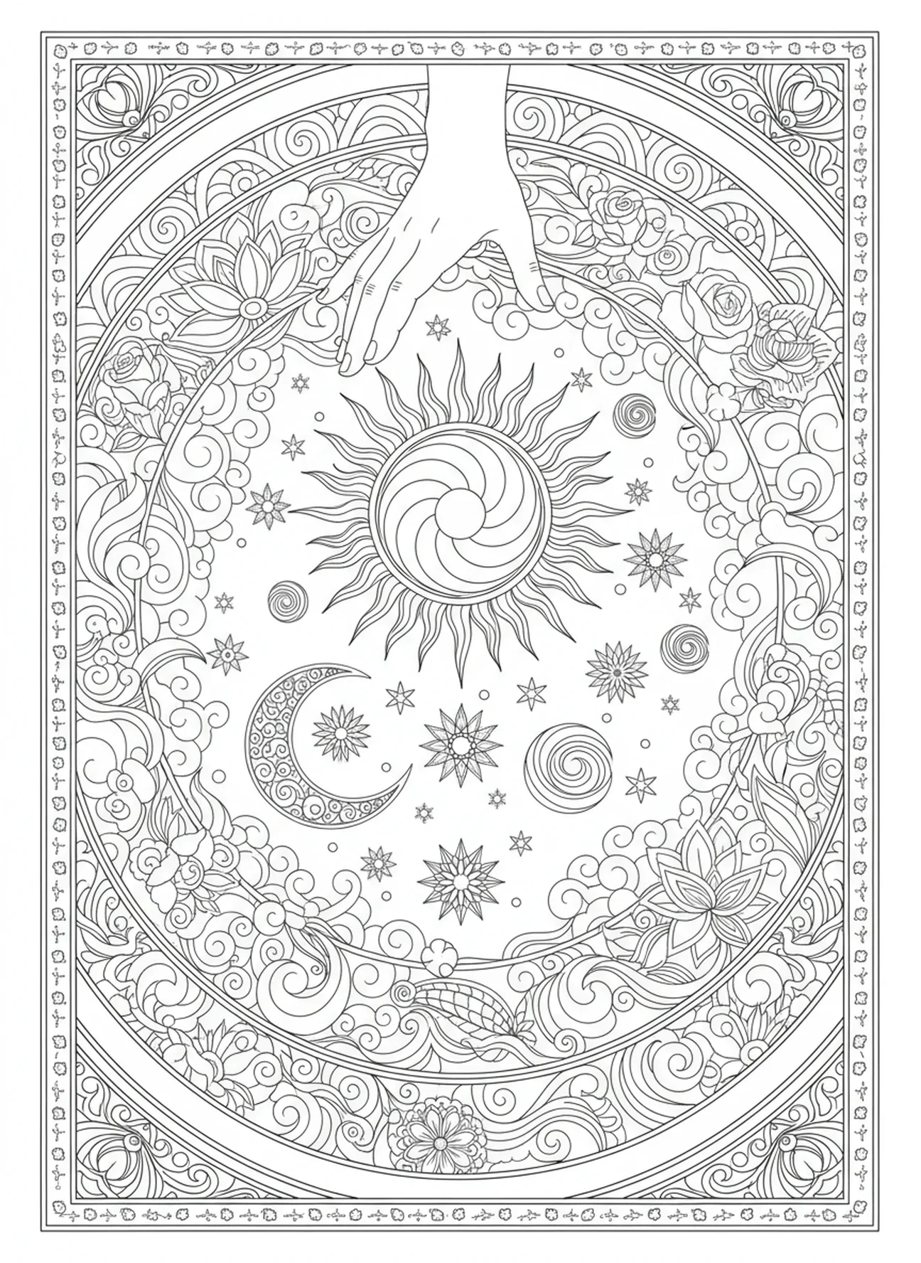 Mano divina creando luces, página para colorear del Día de la Creación 4 Sol Luna Estrellas en estilo de journaling bíblico para adultos.