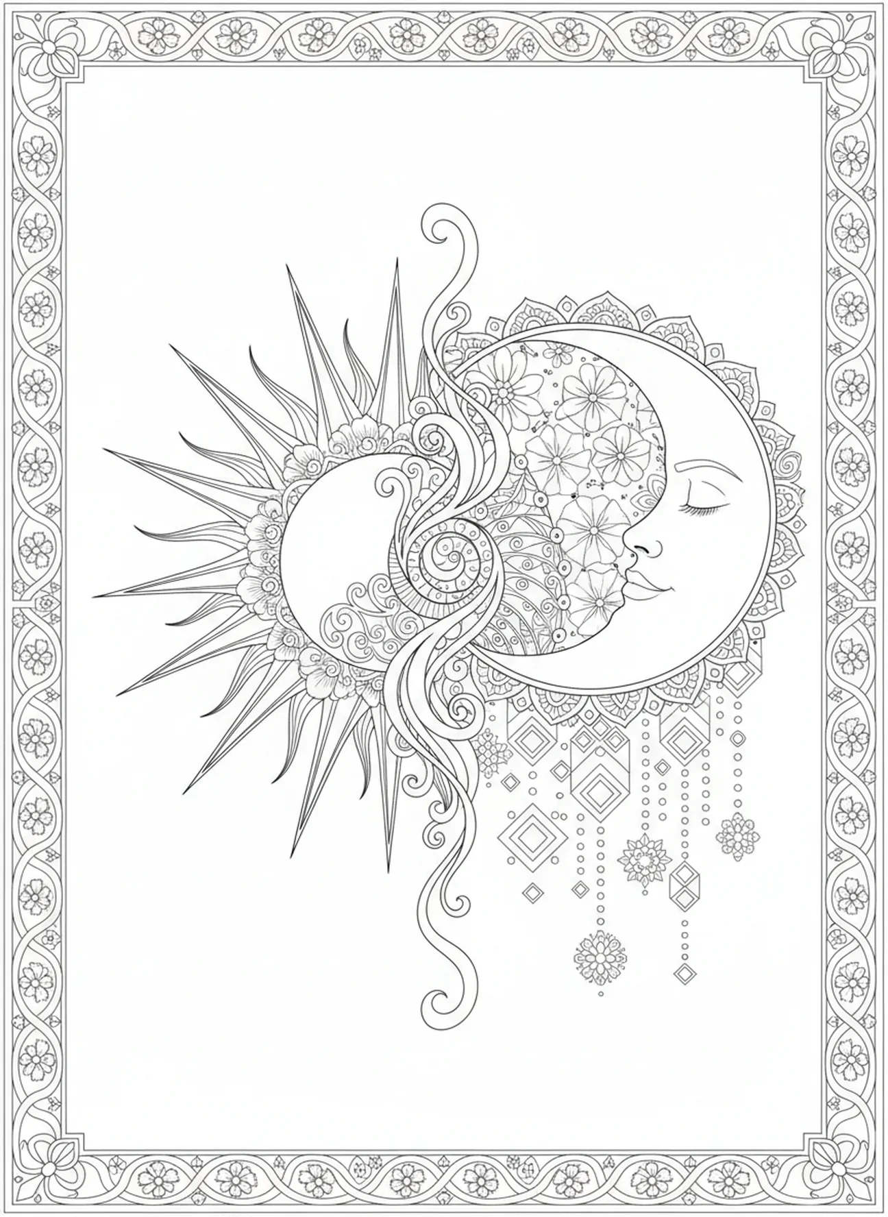 Cielo diurno y nocturno, página para colorear del Día de la Creación 4 Sol Luna Estrellas en estilo de journaling bíblico para adultos.