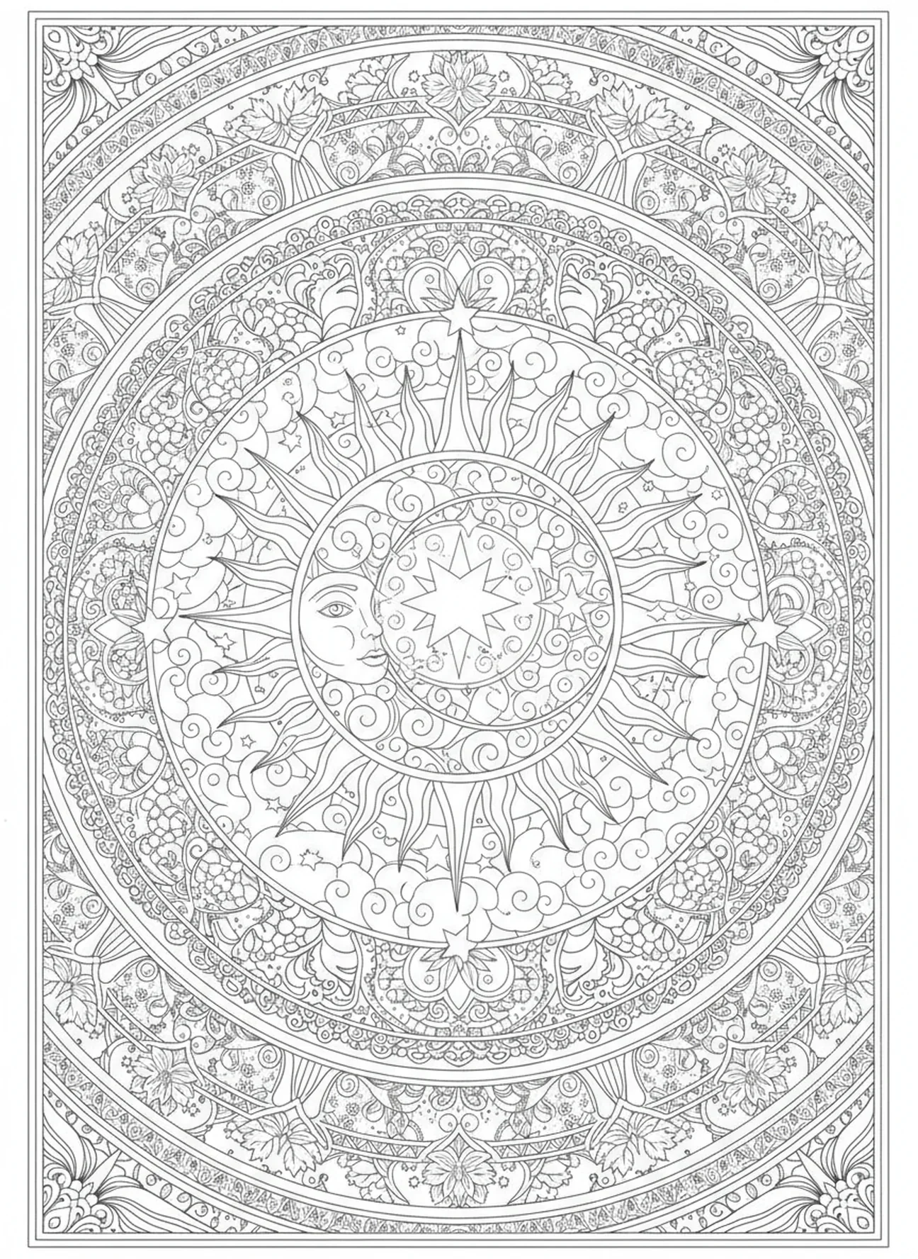 Cuerpos celestiales con patrones intrincados, página para colorear del Día de la Creación 4: Sol, Luna y Estrellas en estilo de journaling bíblico para adultos.