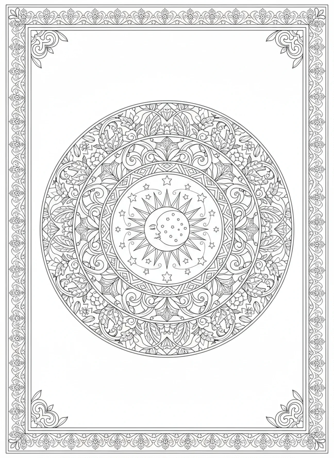 Órbitas celestiales, página para colorear del Día de la Creación 4 Sol Luna Estrellas estilo de journaling bíblico para adultos.