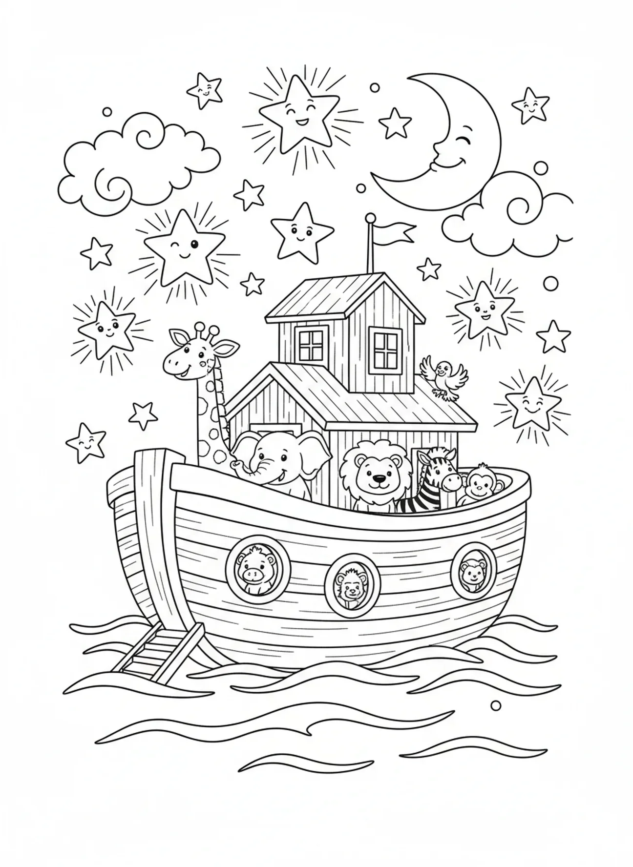 Arche en bois sous un ciel étoilé, page à colorier du Jour de la Création 4 Soleil Lune Étoiles pour enfants de 5 à 10 ans.