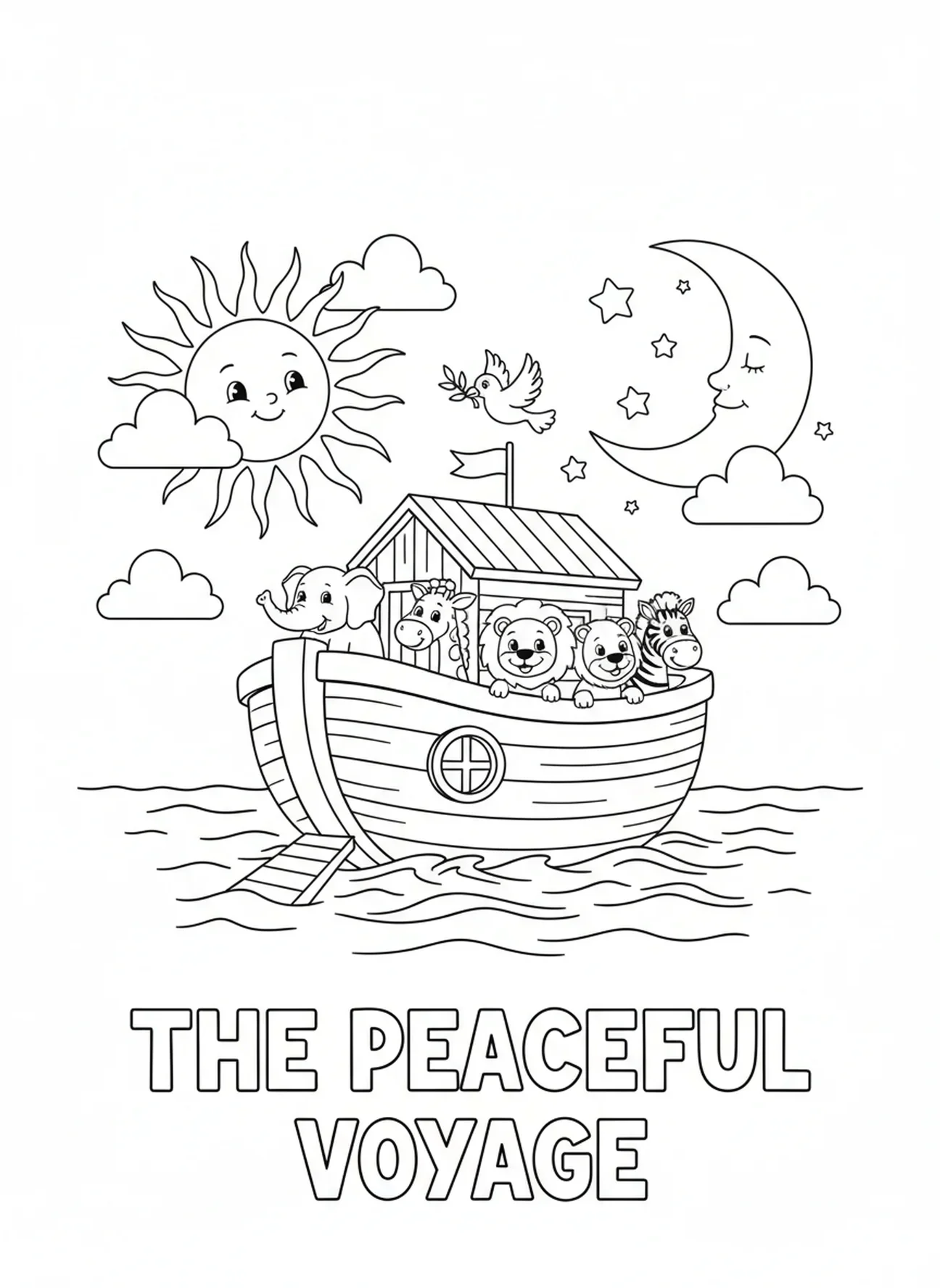 Coucher de soleil et lever de lune au-dessus de l'arche en bois, page à colorier du Jour de la Création 4 Soleil Lune Étoiles pour les enfants de 5 à 10 ans.