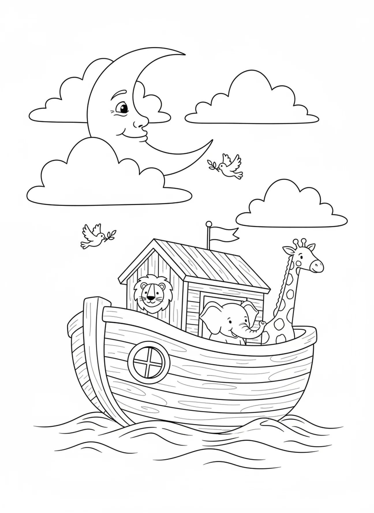 La lune émerge des nuages au-dessus de l'arche en bois, page à colorier du Jour de la Création 4 : Soleil, Lune, Étoiles pour les enfants de 5 à 10 ans.